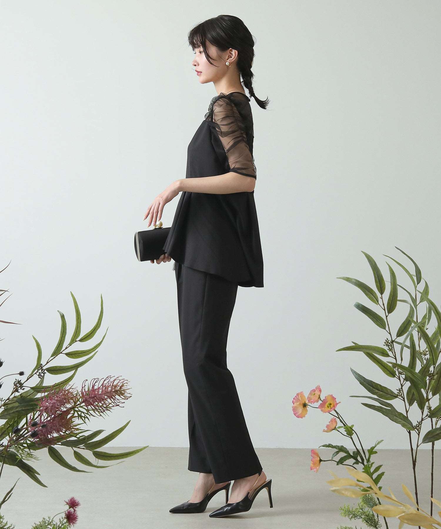 セットアップ パンツドレス フレア 切り替え 透け感