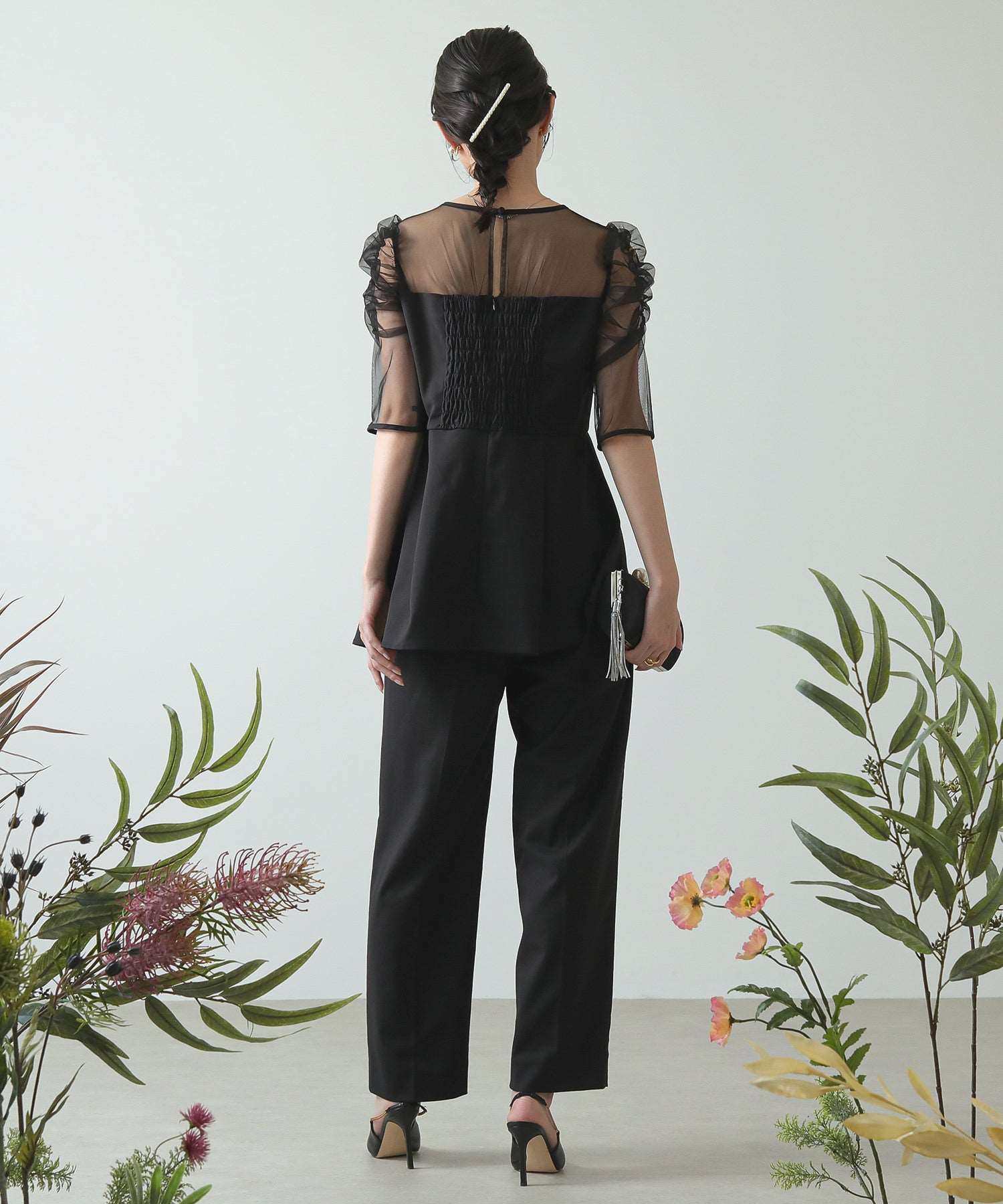 セットアップ パンツドレス フレア 切り替え 透け感