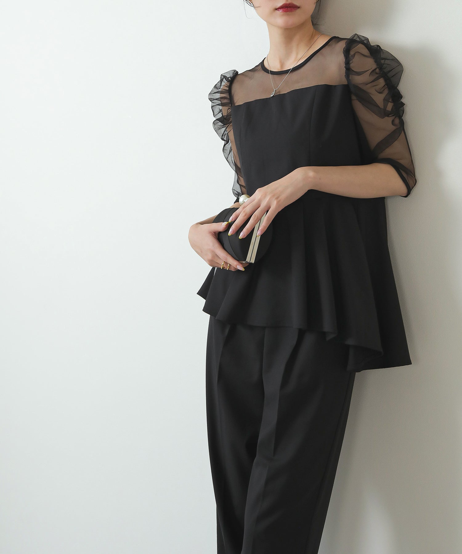セットアップ パンツドレス フレア 切り替え 透け感