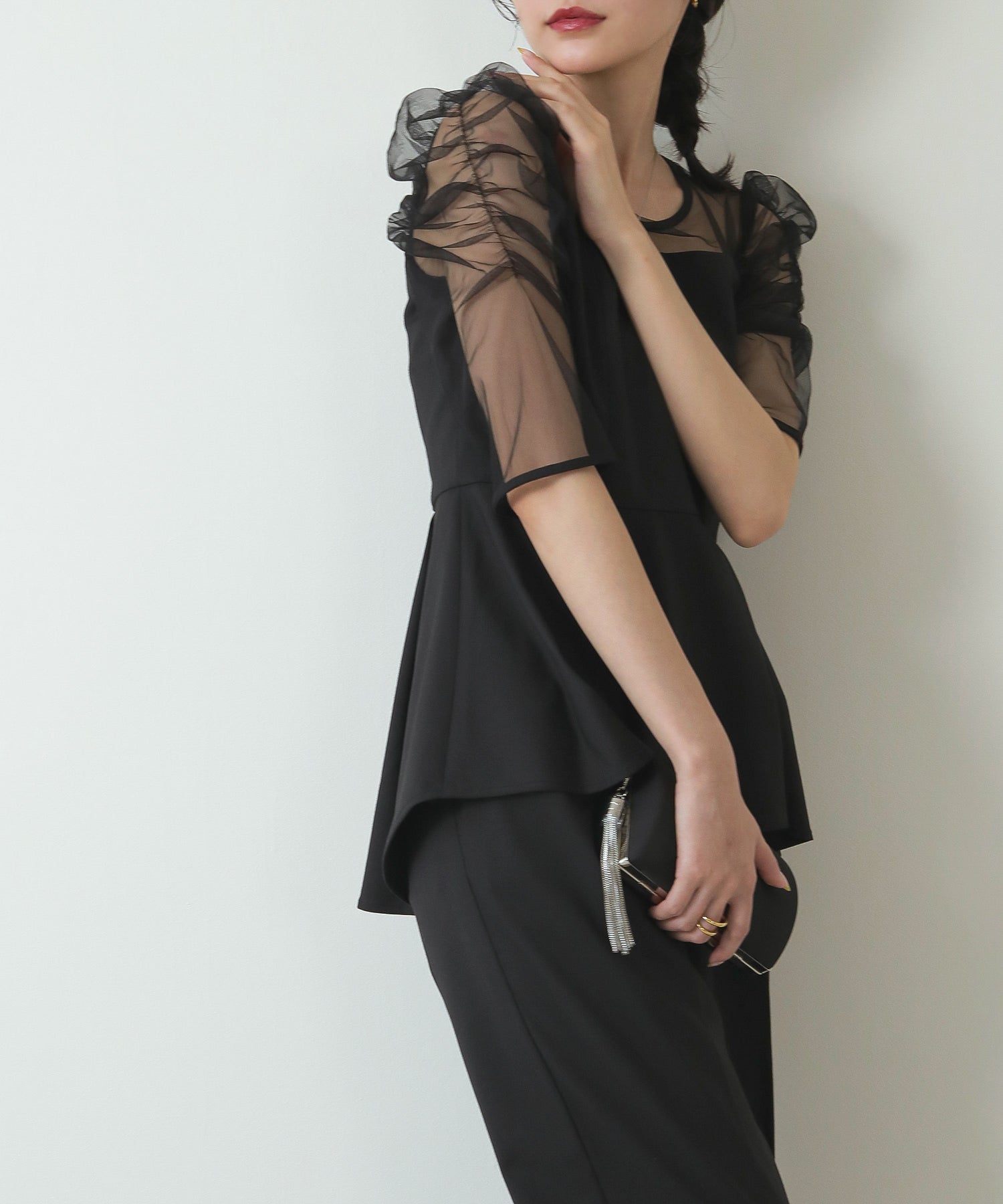 セットアップ パンツドレス フレア 切り替え 透け感