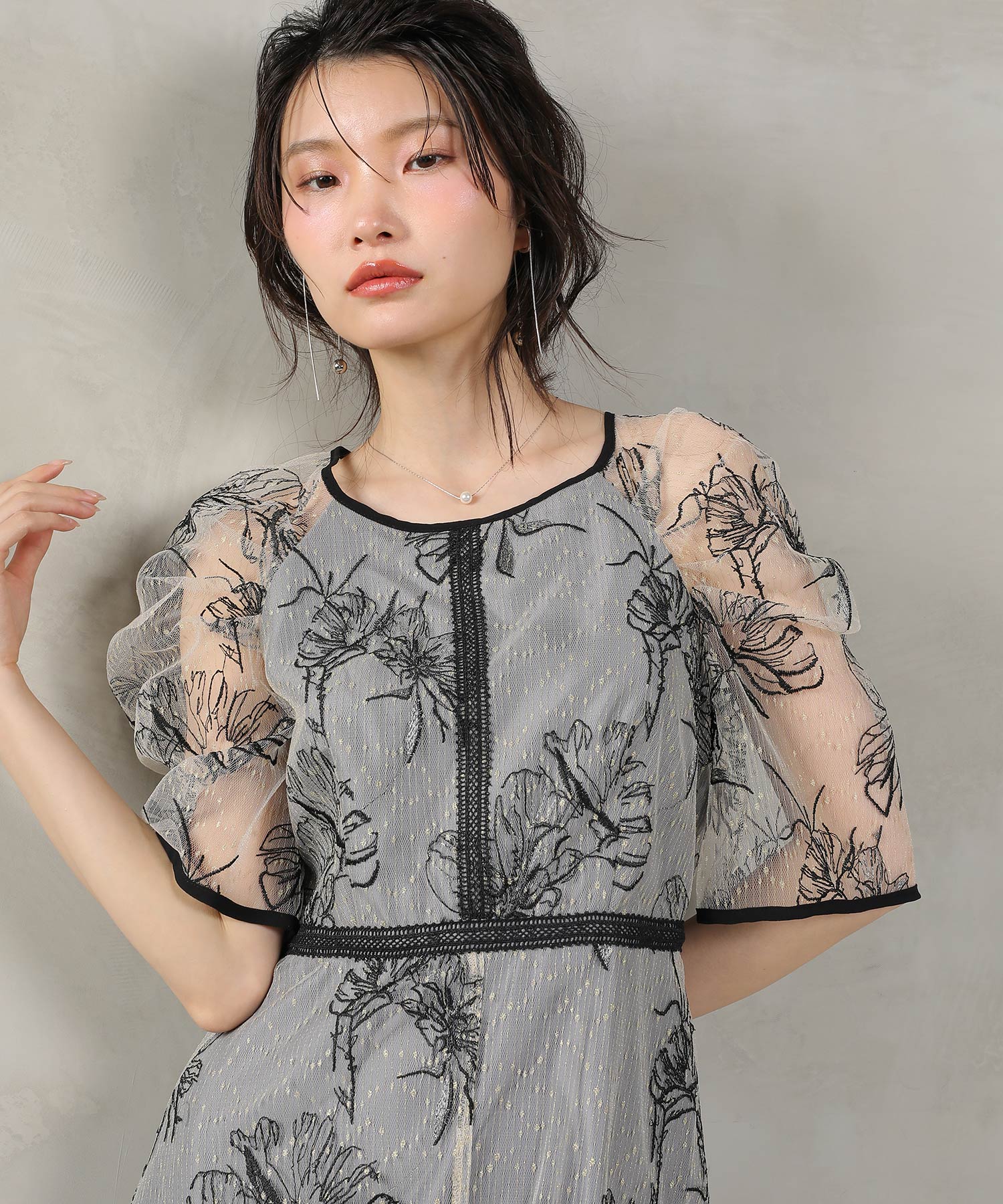 フラワー刺繍 フレアワンピース パーティー ドレス