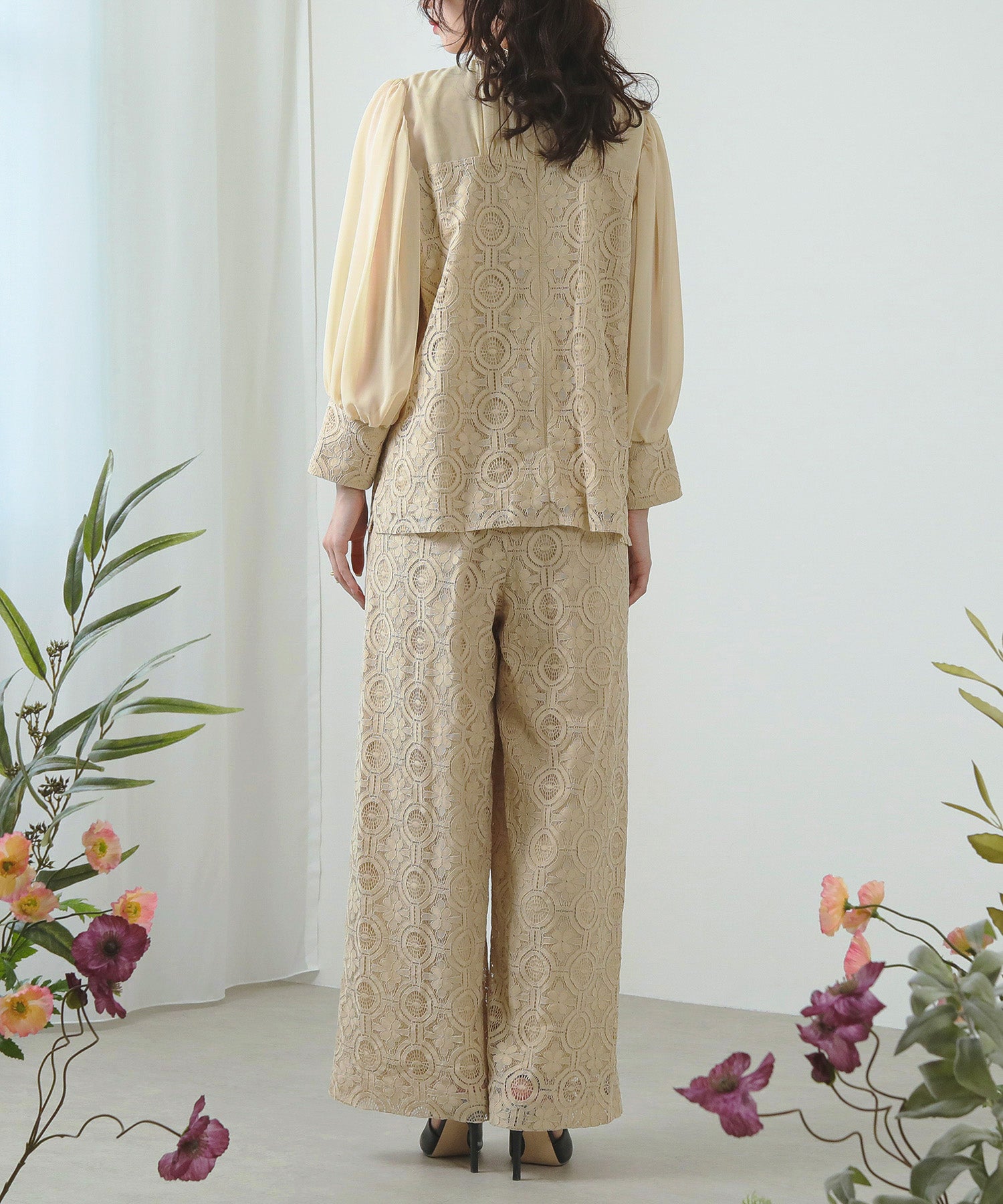 幾何学柄 レース セットアップ パンツ オケージョンドレス