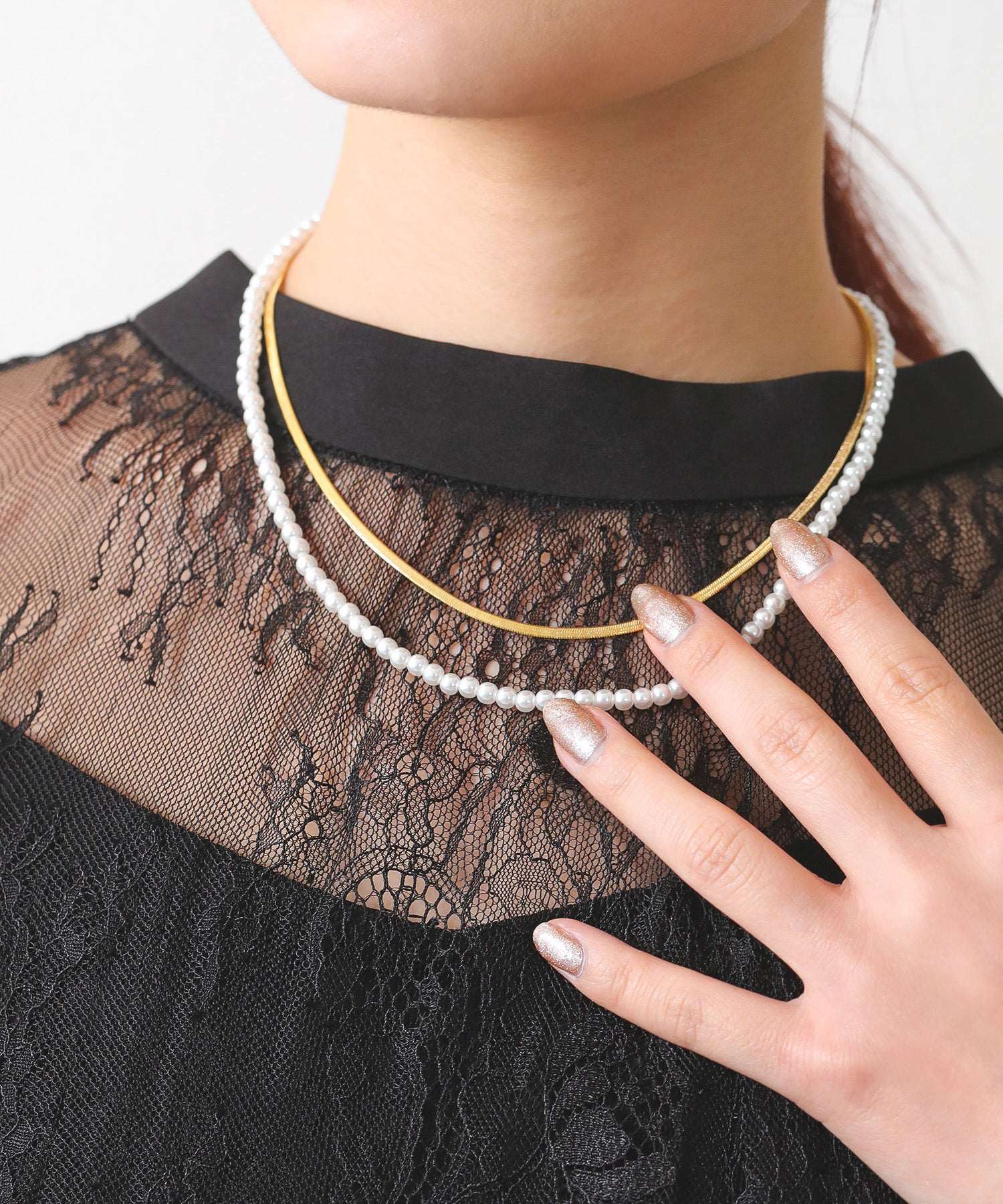 2連 スネーク チェーン 小粒 パール ネックレス