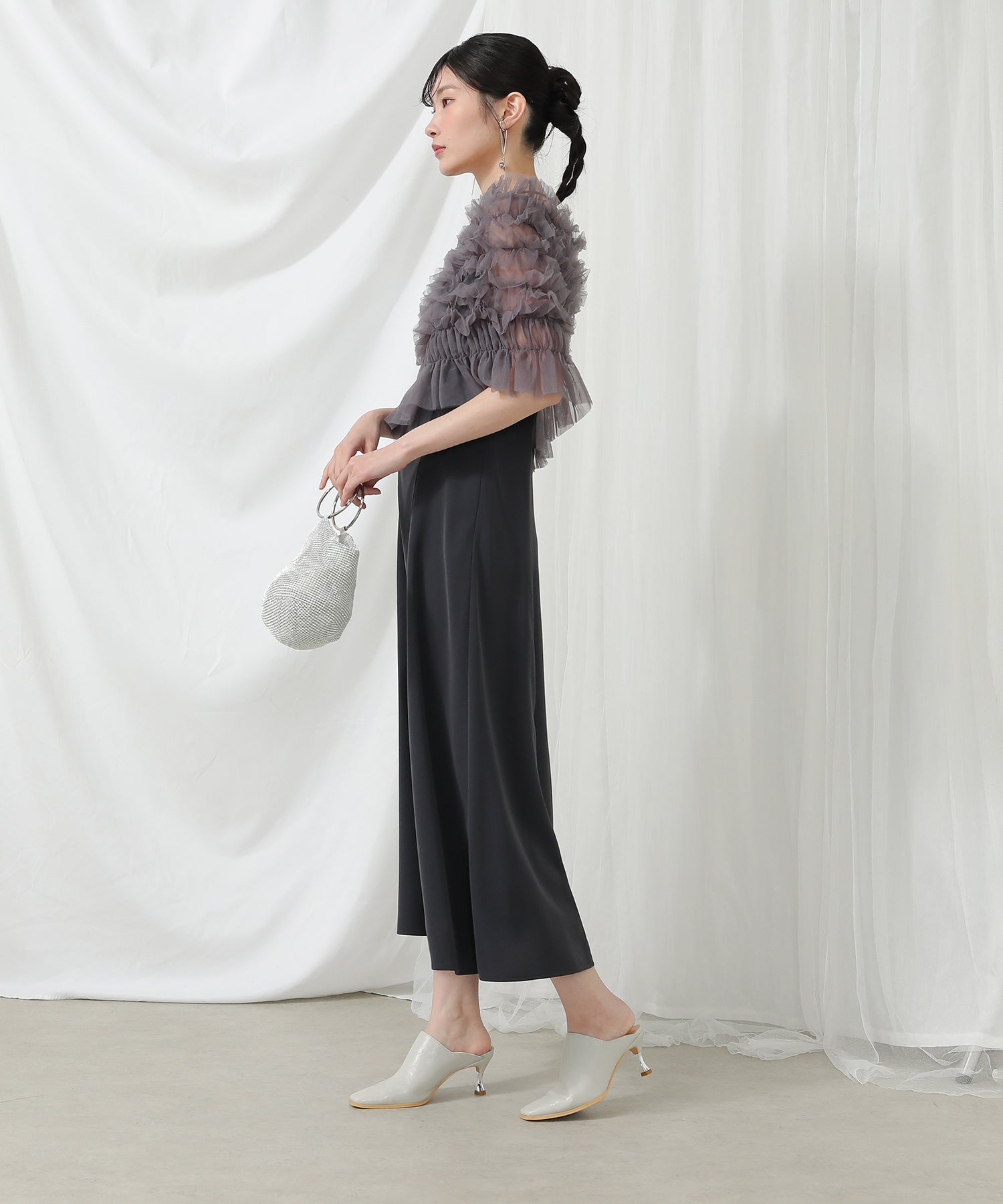 シャーリング チュール フリル シアー バッククロス ドレス