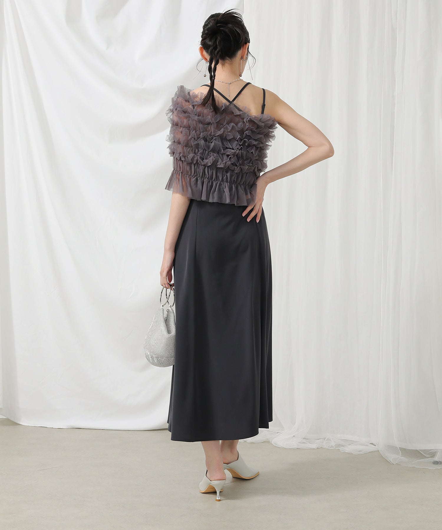 シャーリング チュール フリル シアー バッククロス ドレス