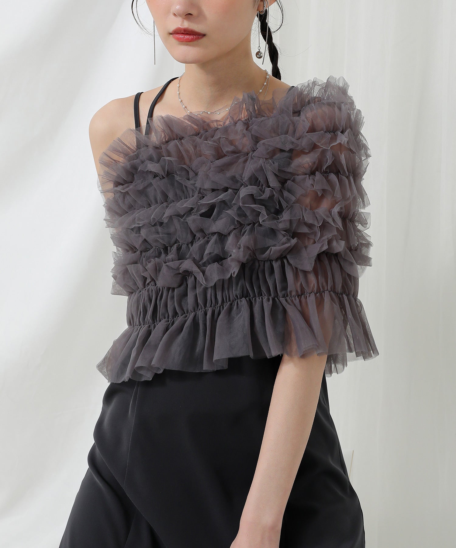 シャーリング チュール フリル シアー バッククロス ドレス