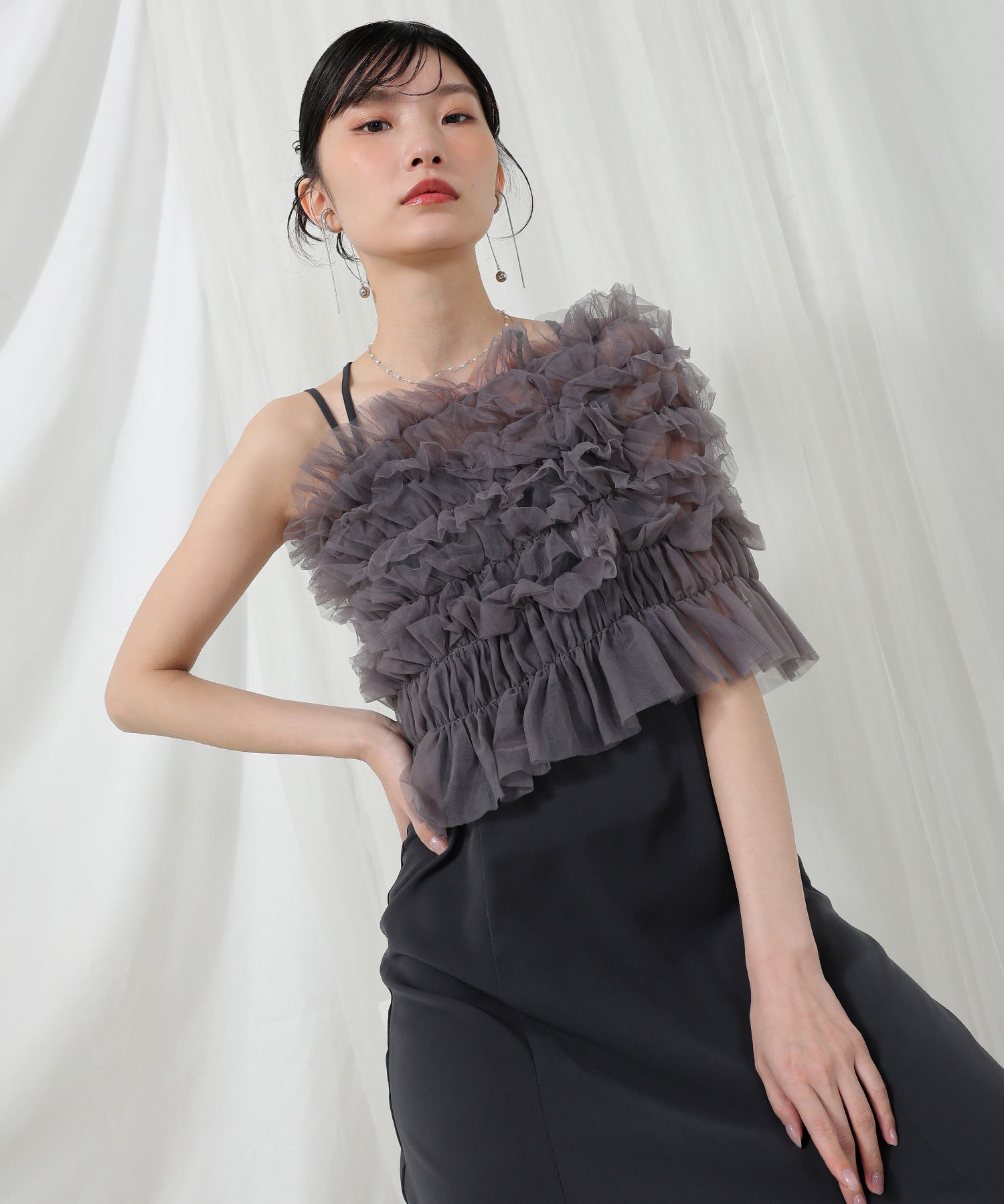 シャーリング チュール フリル シアー バッククロス ドレス