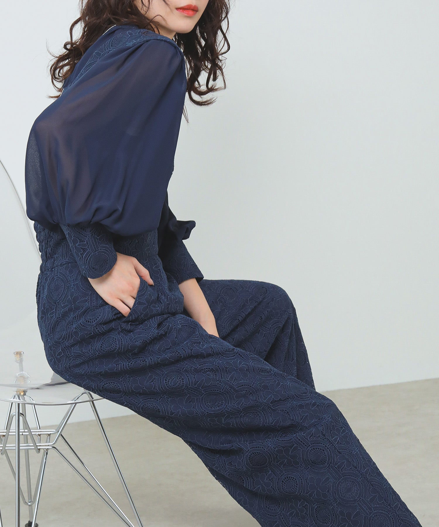 幾何学柄 レース セットアップ パンツ オケージョンドレス