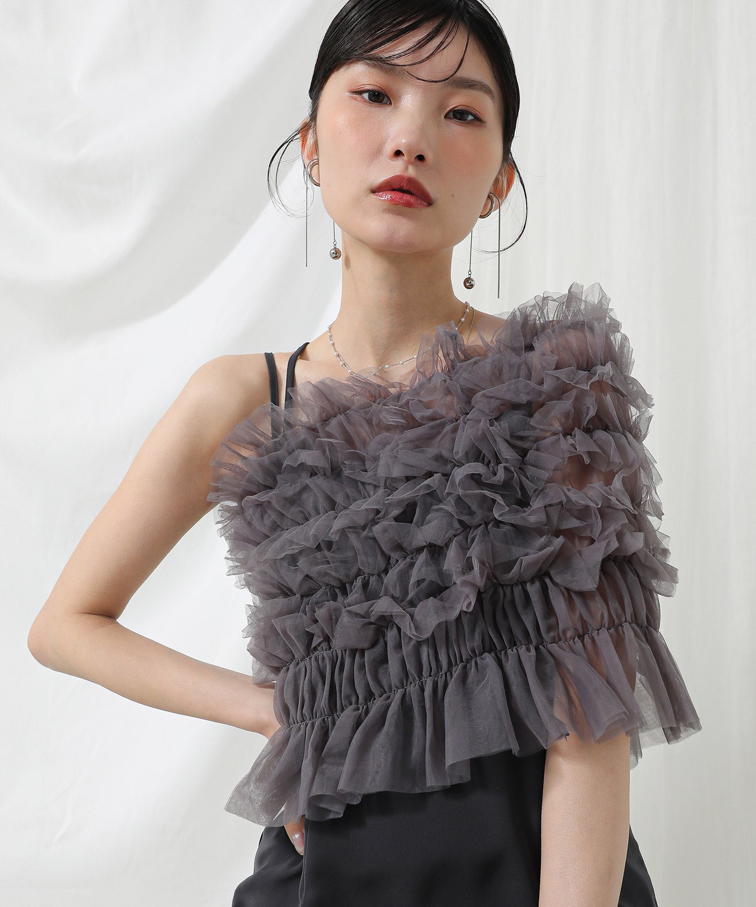 シャーリング チュール フリル シアー バッククロス ドレス