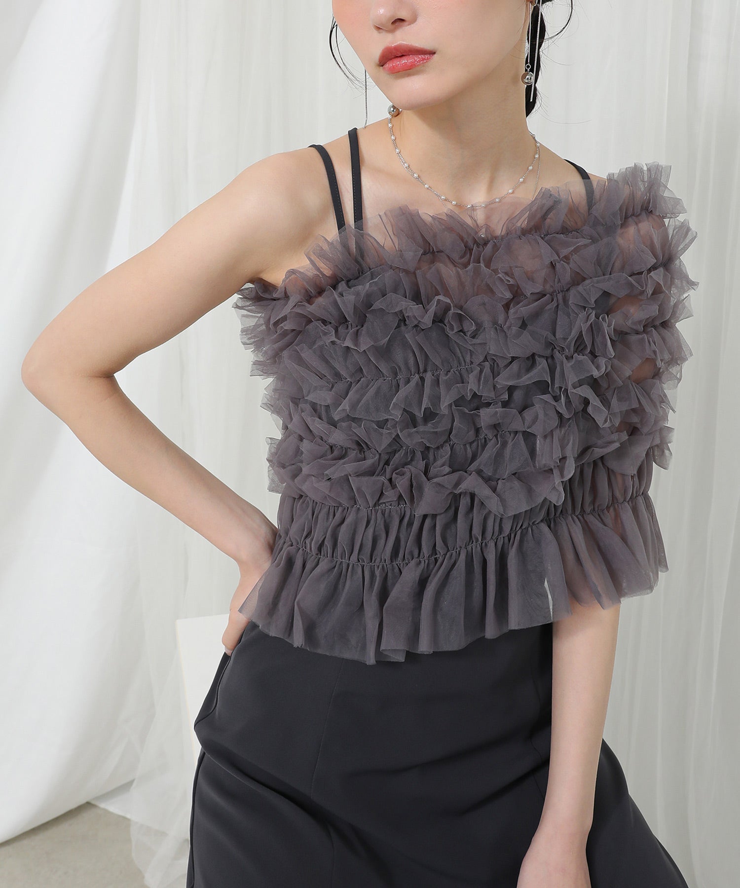 シャーリング チュール フリル シアー バッククロス ドレス