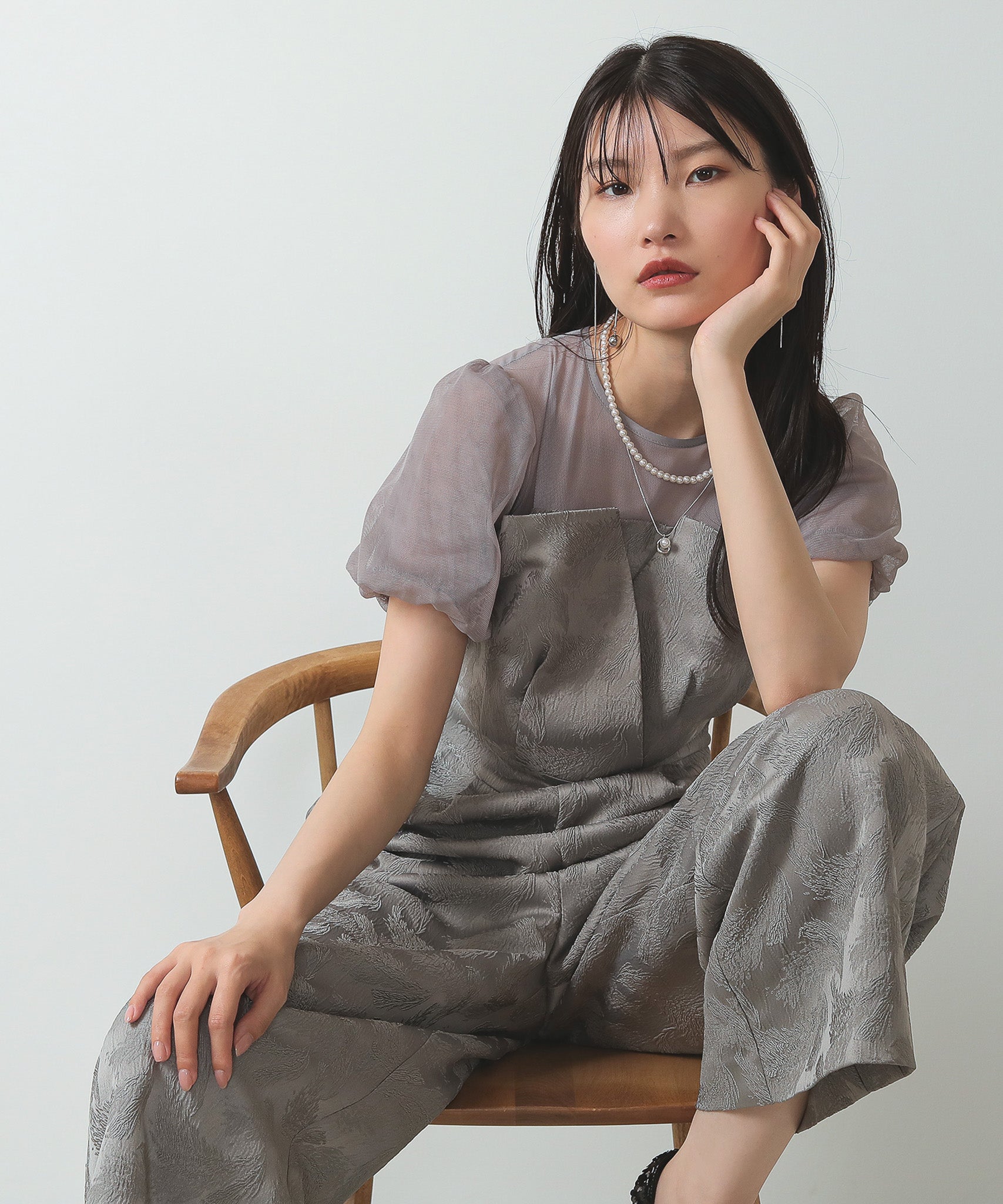 チュール パフスリーブ オールインワン ワイドパンツ ドレス