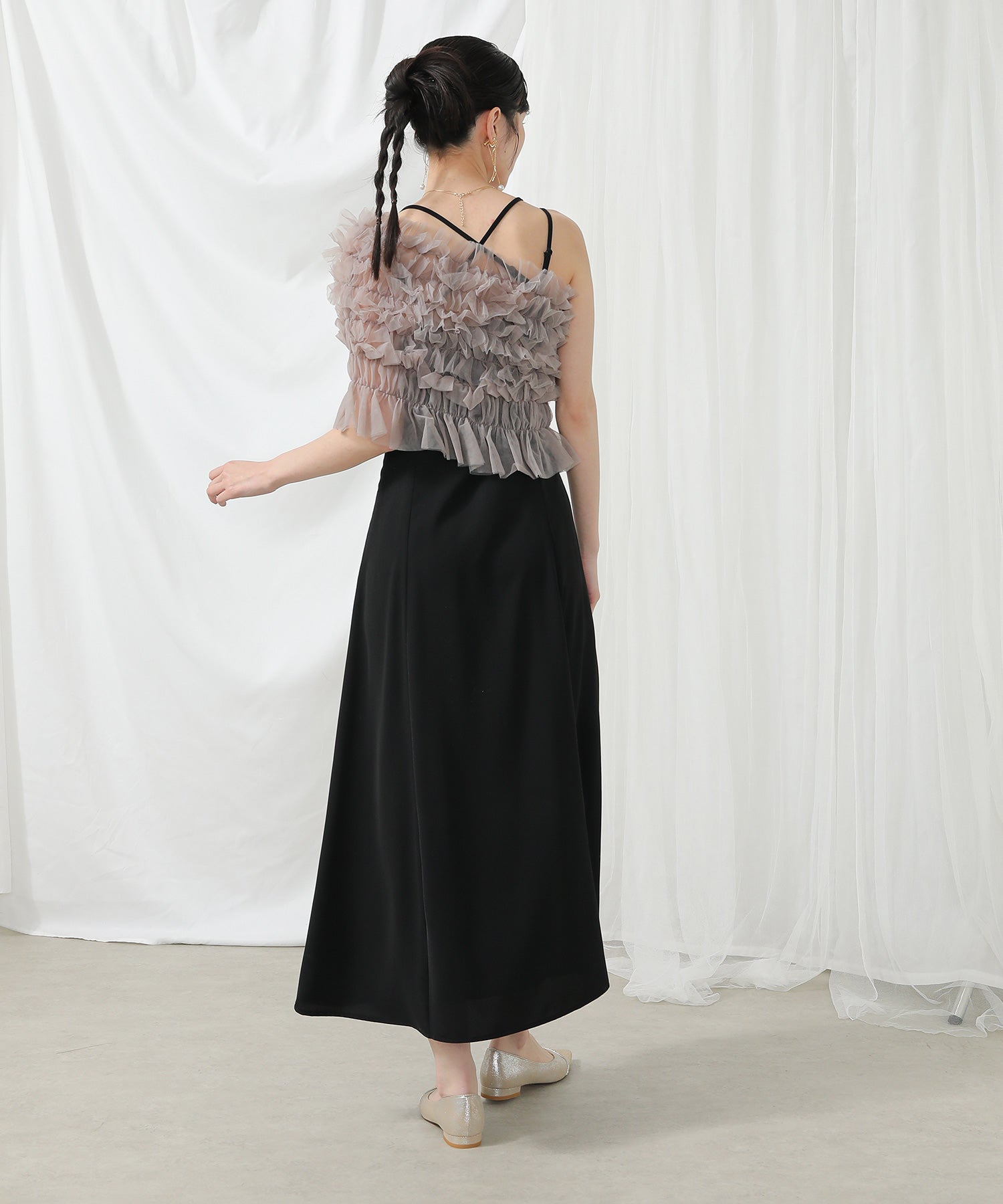 シャーリング チュール フリル シアー バッククロス ドレス