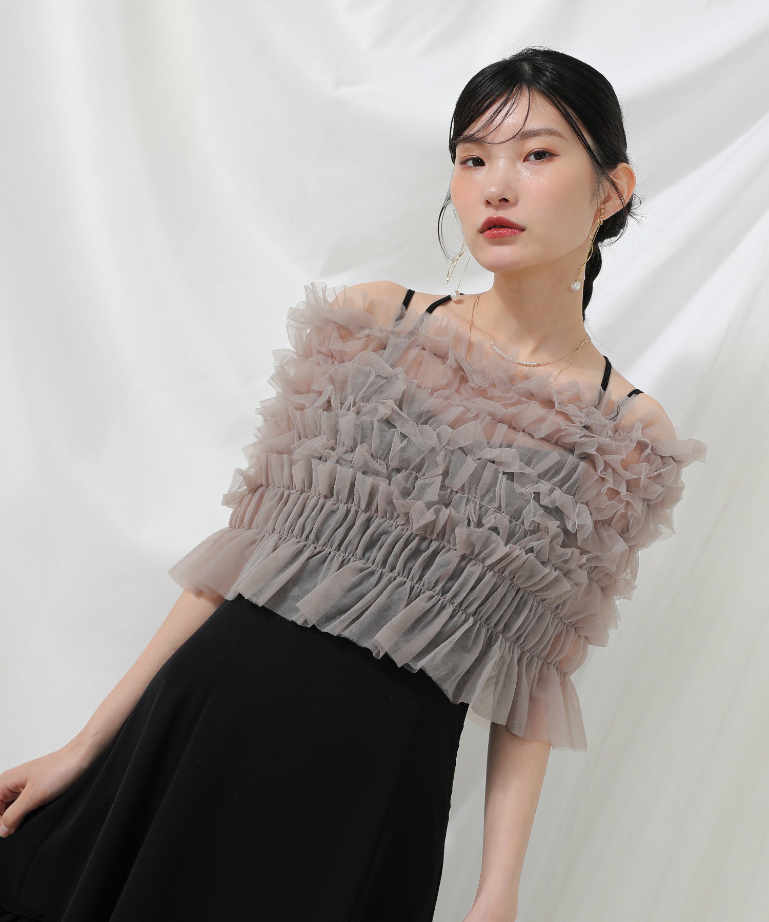 シャーリング チュール フリル シアー バッククロス ドレス