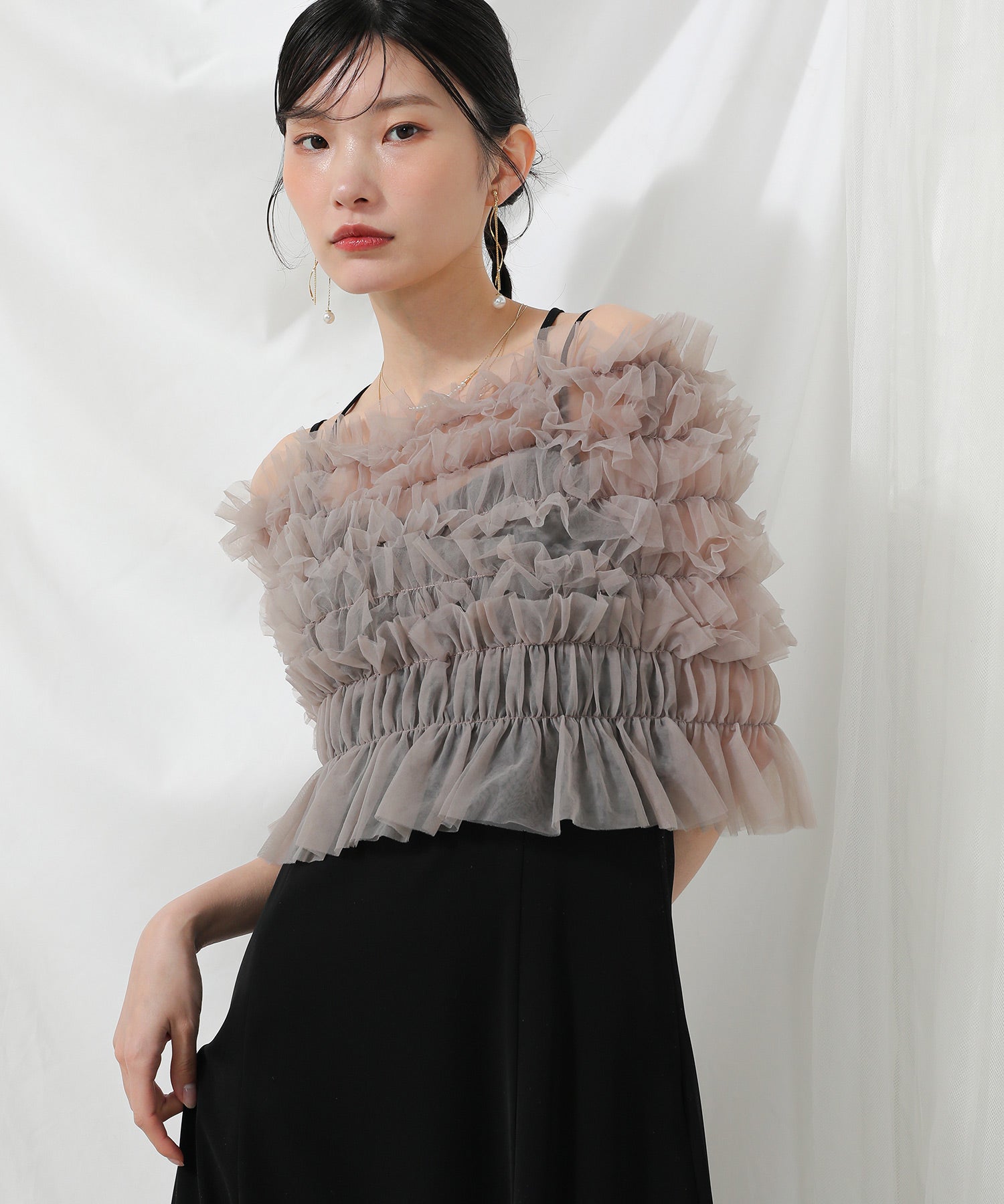 シャーリング チュール フリル シアー バッククロス ドレス