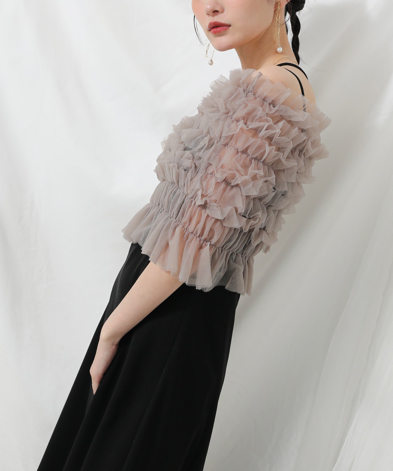 シャーリング チュール フリル シアー バッククロス ドレス