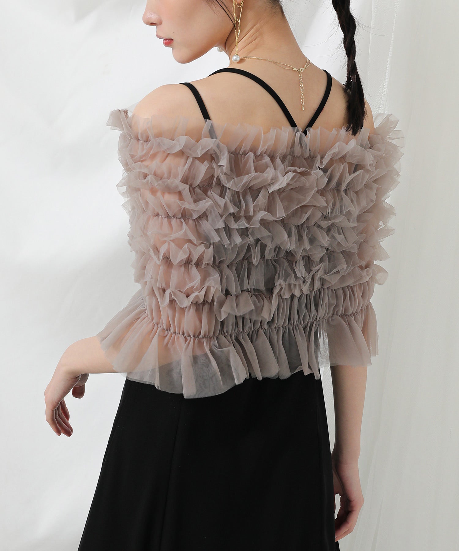 シャーリング チュール フリル シアー バッククロス ドレス