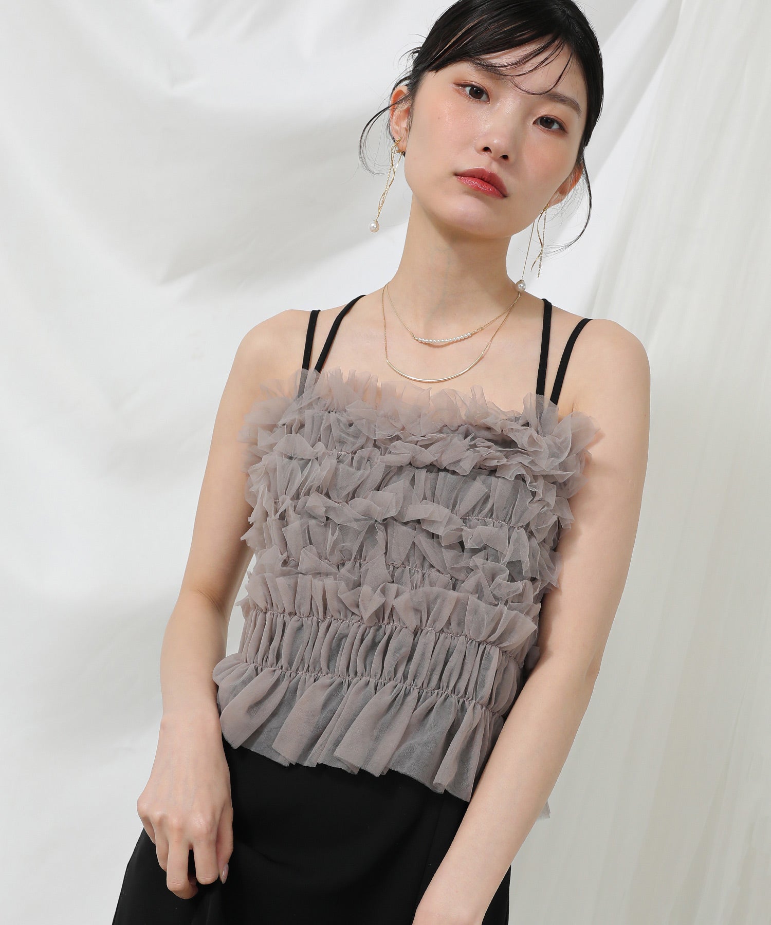 シャーリング チュール フリル シアー バッククロス ドレス