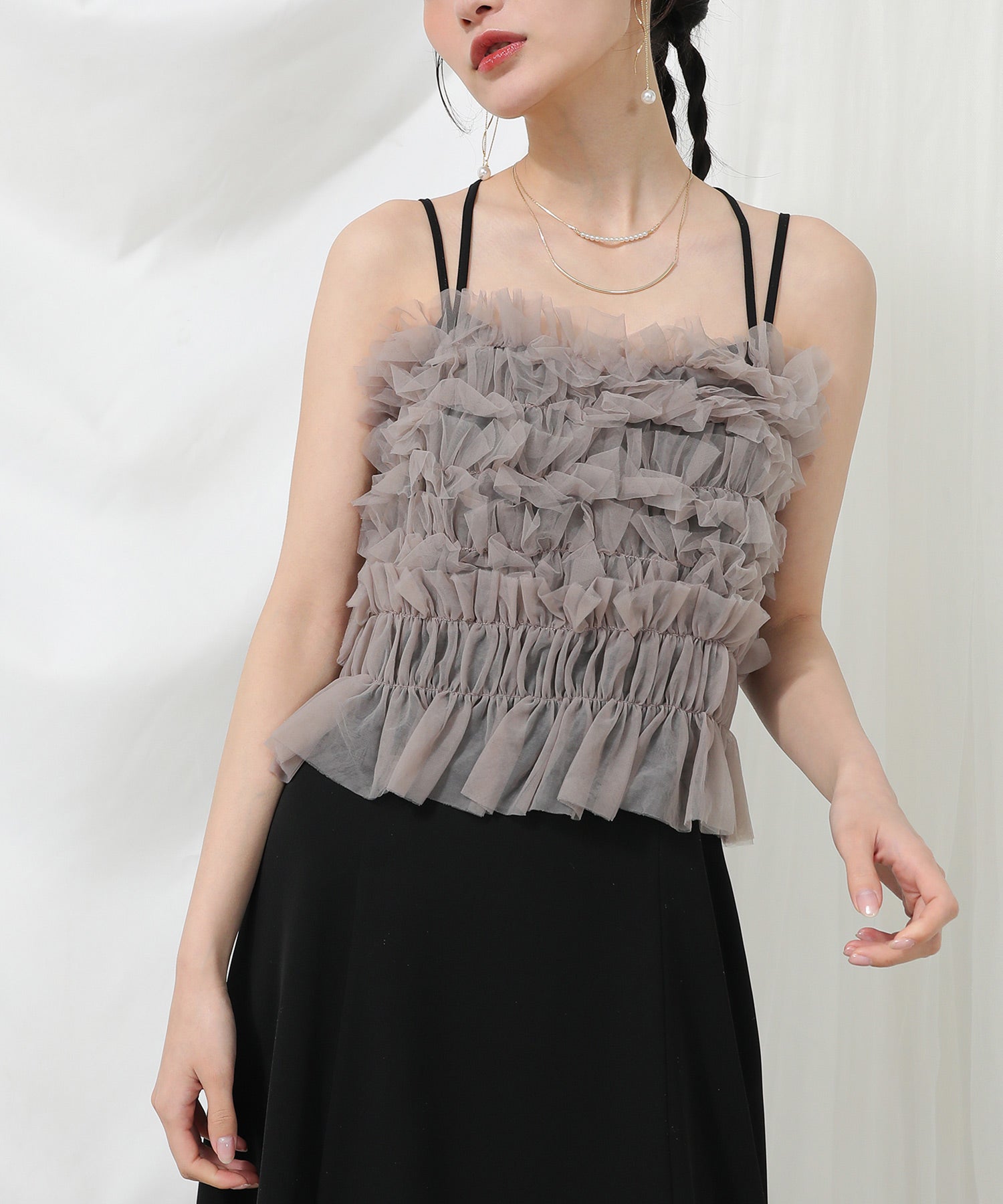 シャーリング チュール フリル シアー バッククロス ドレス