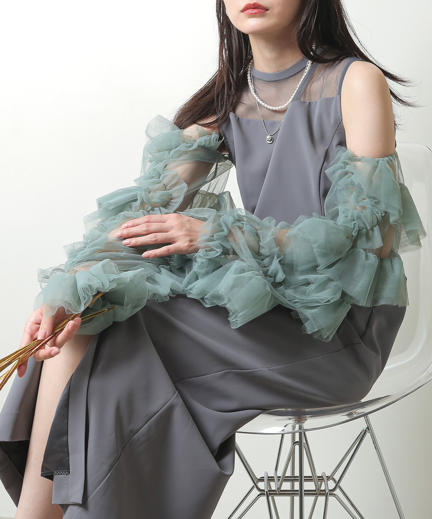 チュールフリル Iライン 2way ドレス 結婚式 お呼ばれ