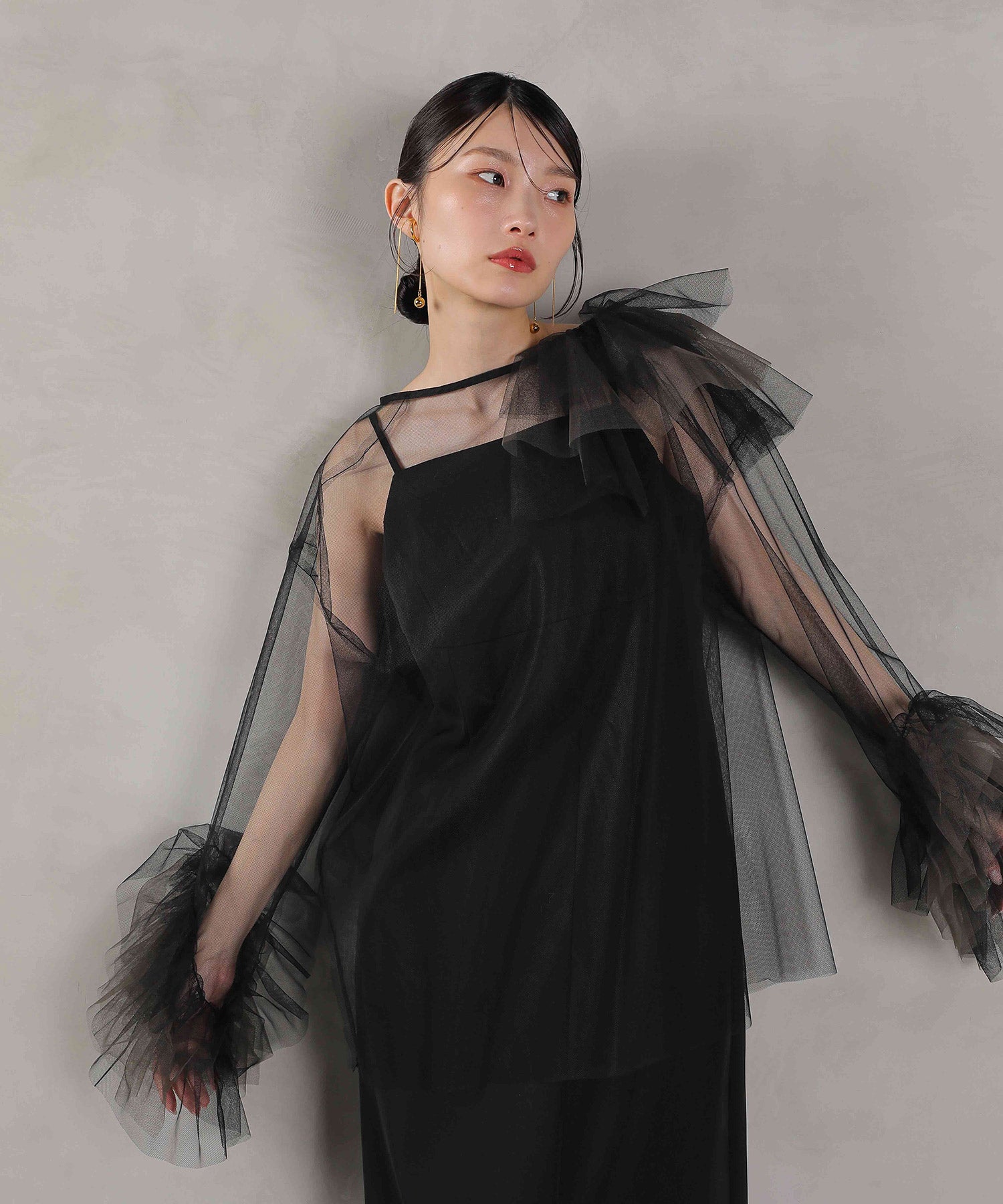 アシンメトリーデザイン チュール トップス キャミワンピース