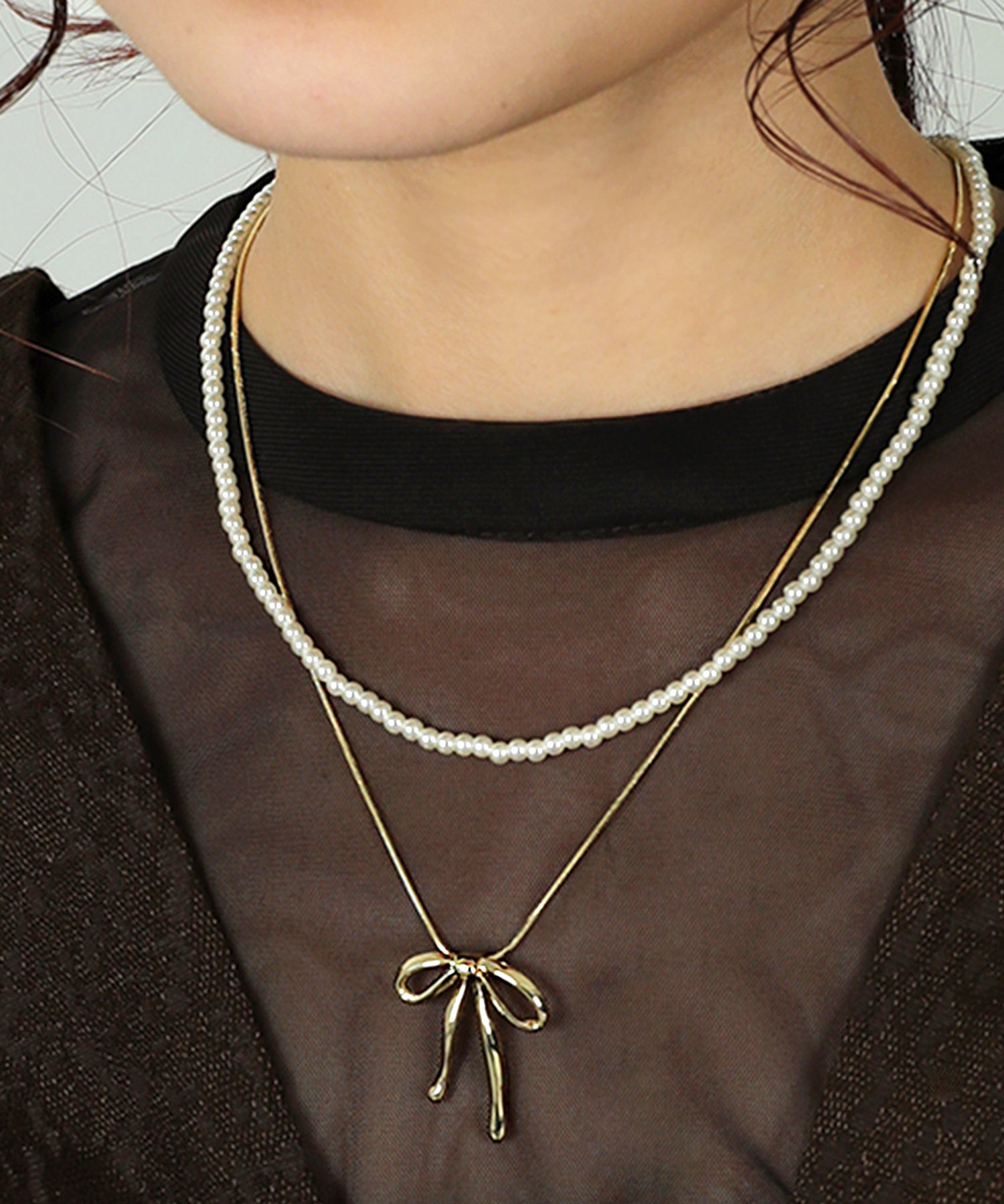 メタル リボン パール レイヤード 2way ネックレス