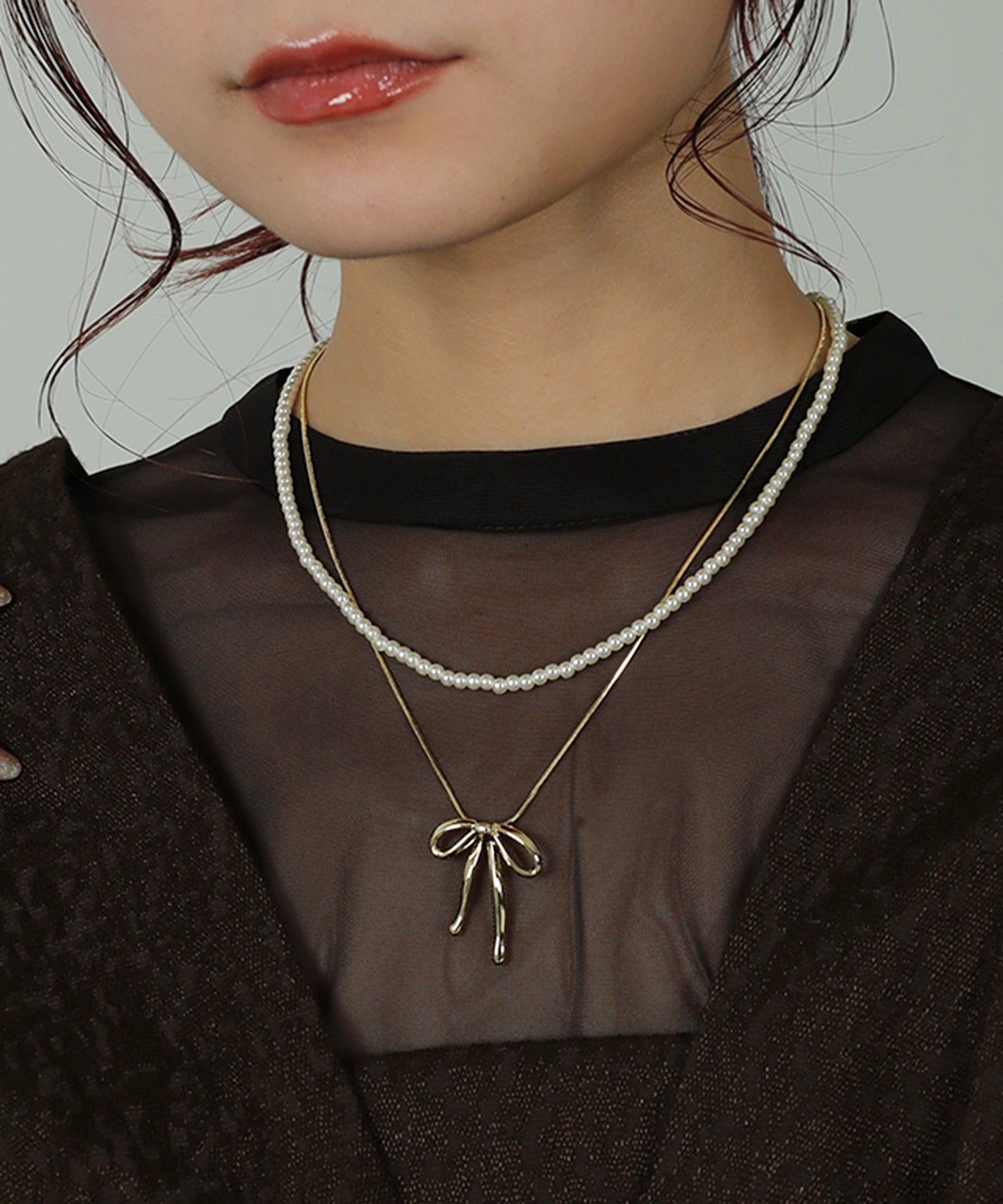 メタル リボン パール レイヤード 2way ネックレス