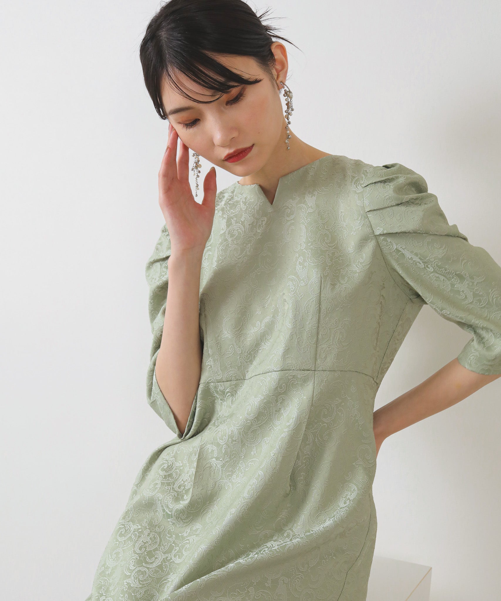 ジャガード パフスリーブ ワンピース 結婚式 お呼ばれ パーティー ドレス