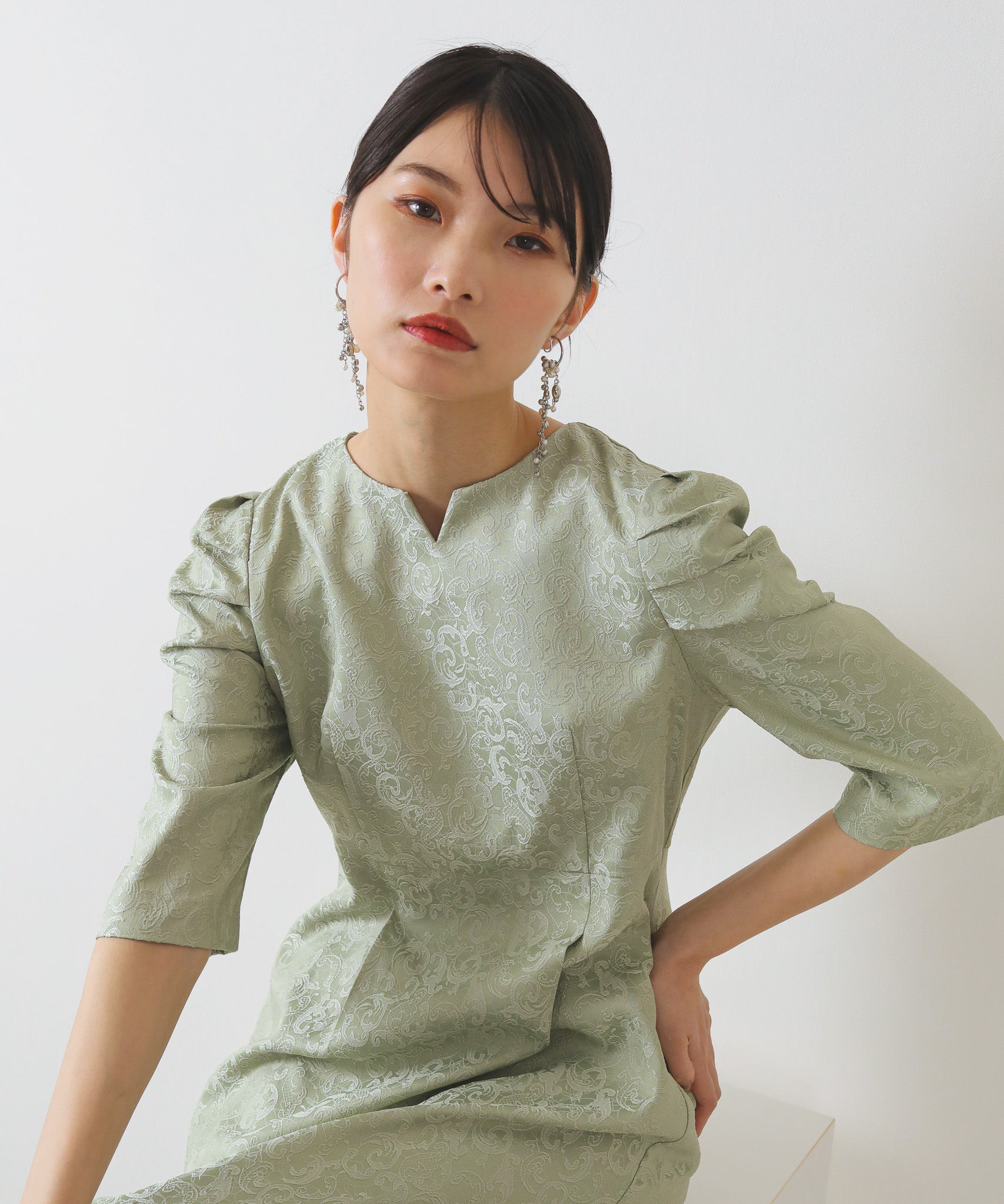 ジャガード パフスリーブ ワンピース 結婚式 お呼ばれ パーティー ドレス