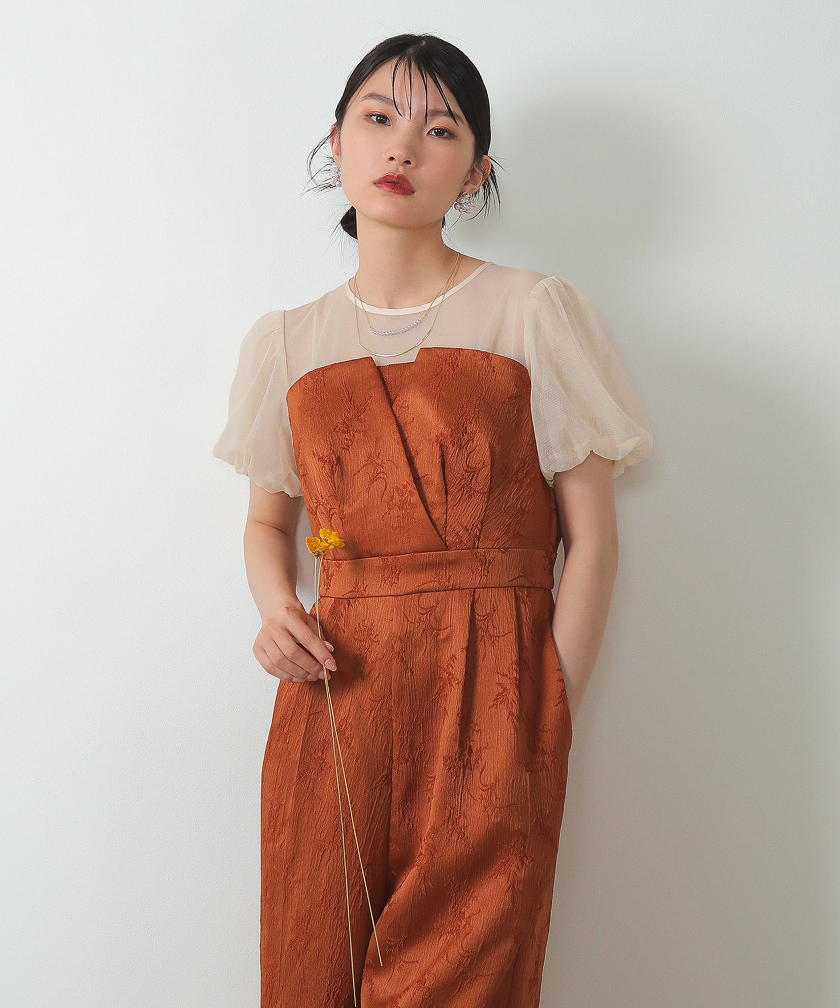 チュール パフスリーブ オールインワン ワイドパンツ ドレス