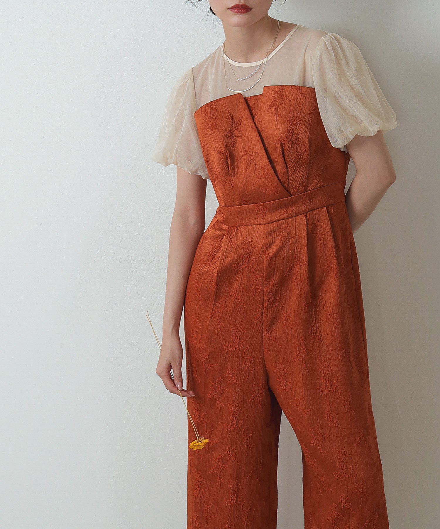 チュール パフスリーブ オールインワン ワイドパンツ ドレス