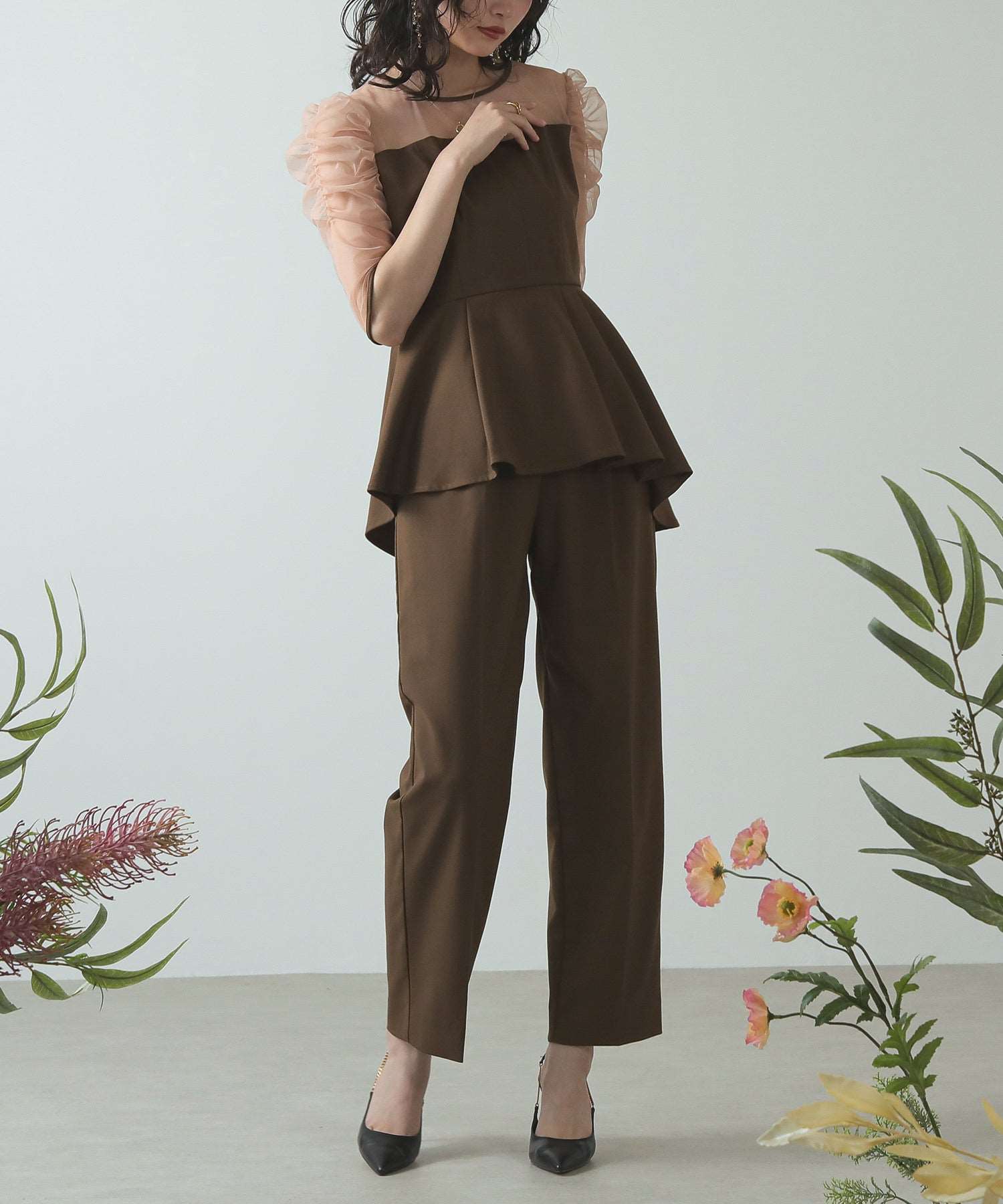 セットアップ パンツドレス フレア 切り替え 透け感