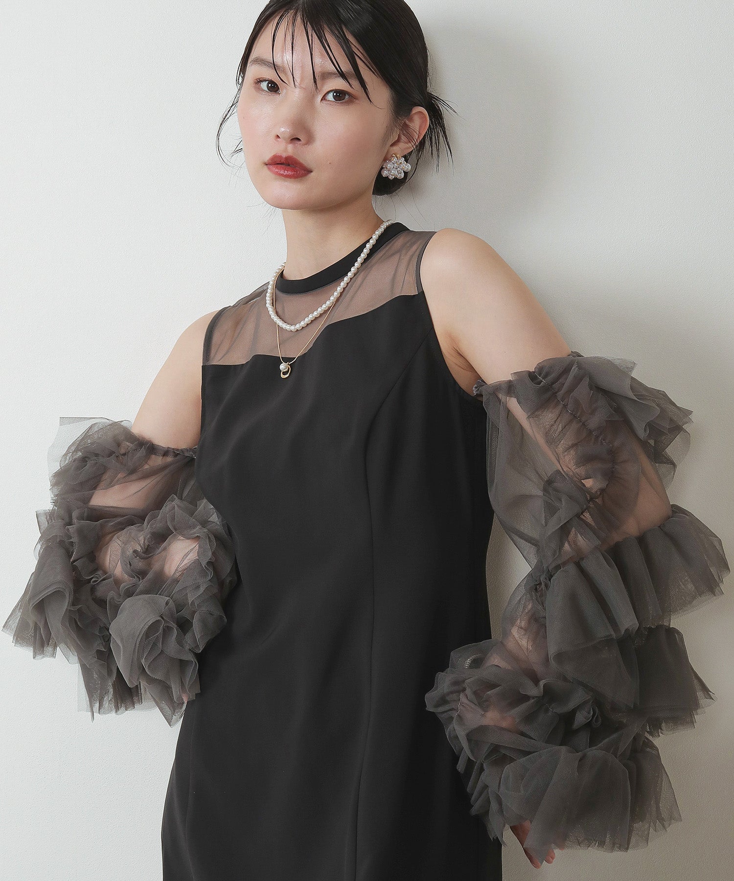 チュールフリル Iライン 2way ドレス 結婚式 お呼ばれ