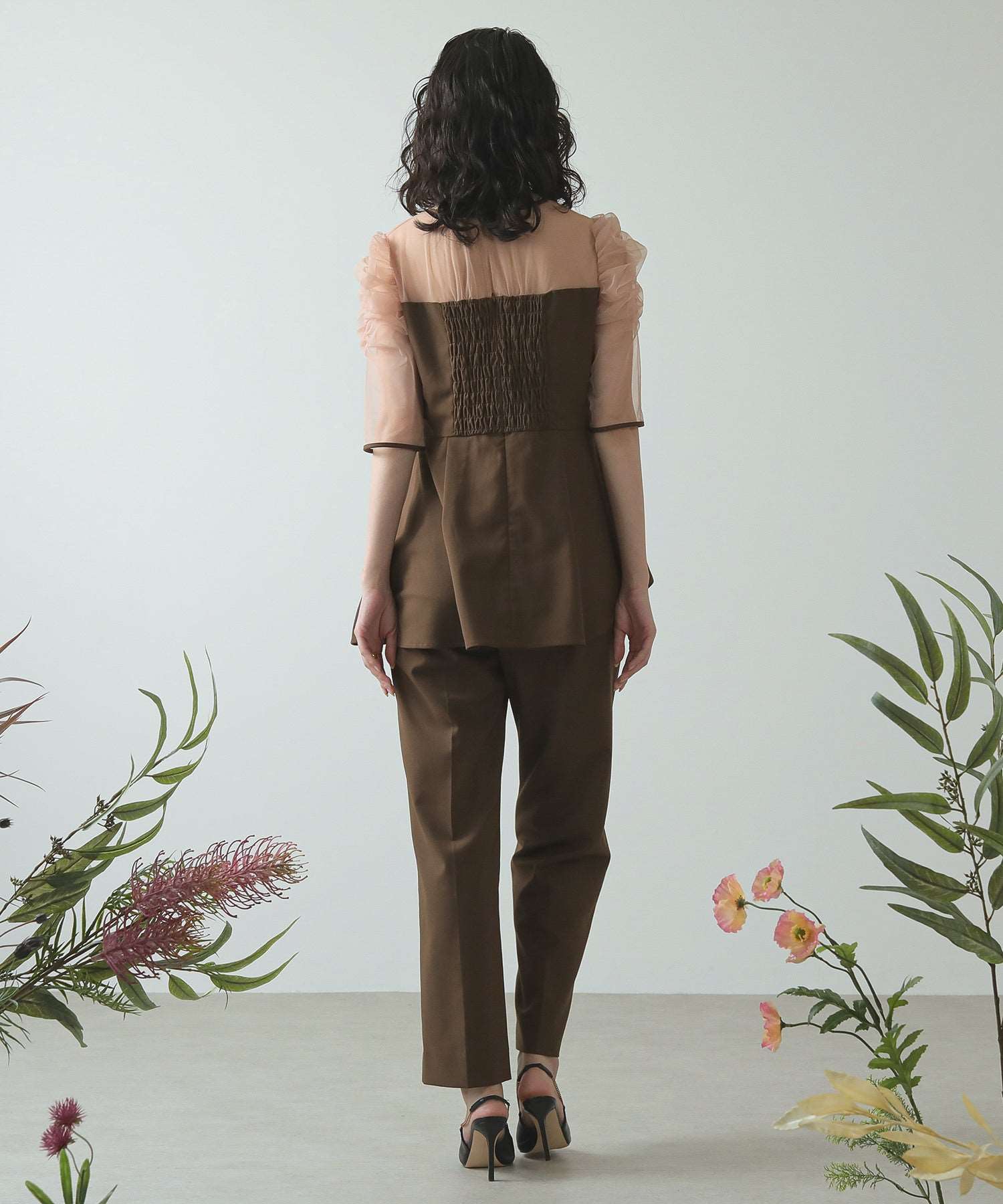 セットアップ パンツドレス フレア 切り替え 透け感