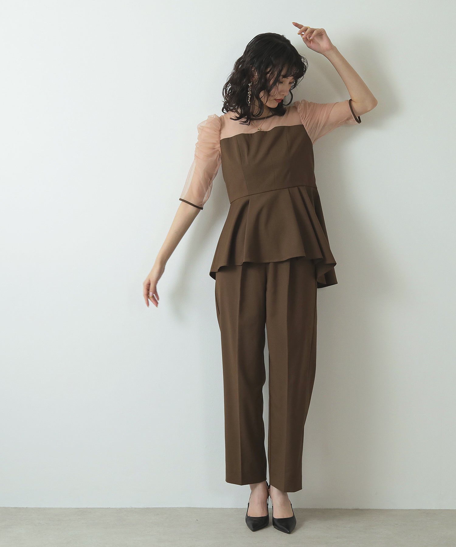 セットアップ パンツドレス フレア 切り替え 透け感