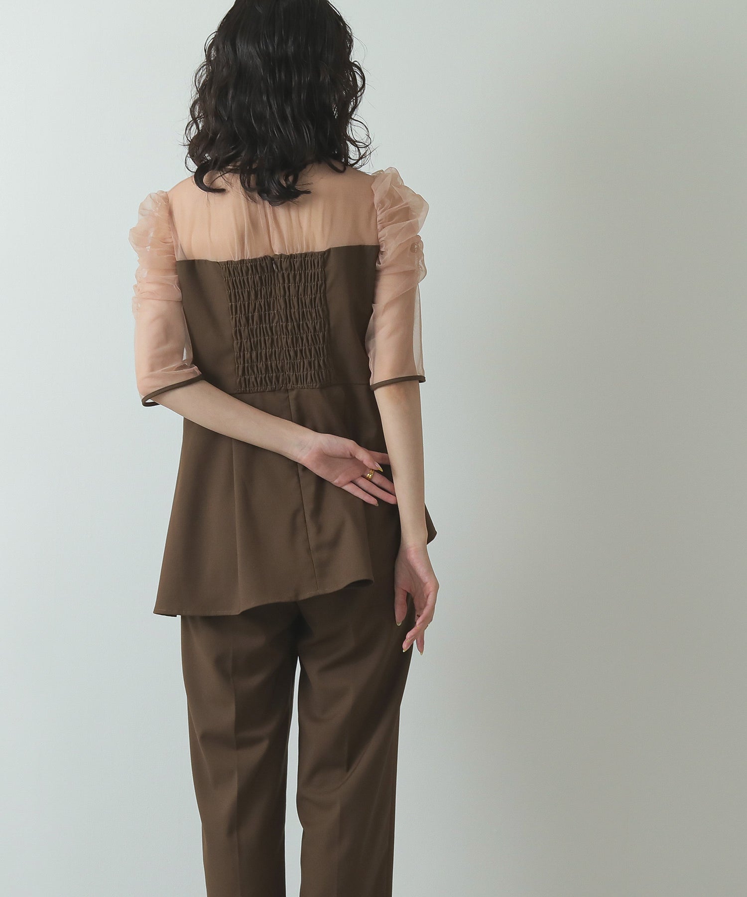 セットアップ パンツドレス フレア 切り替え 透け感