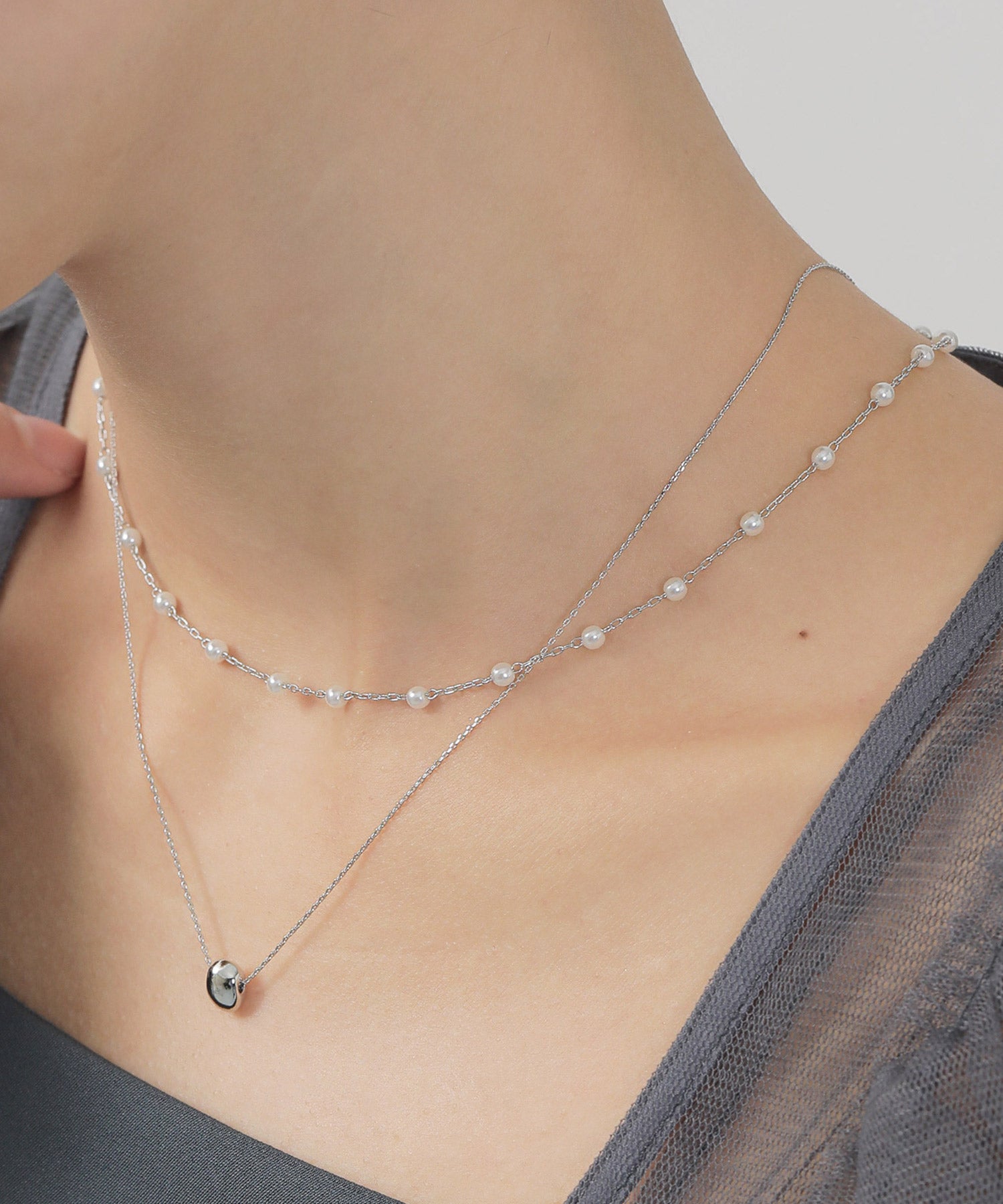 華奢 メタル ニュアンス パール 2連 ネックレス パーティー 結婚式 お呼ばれ オケージョン