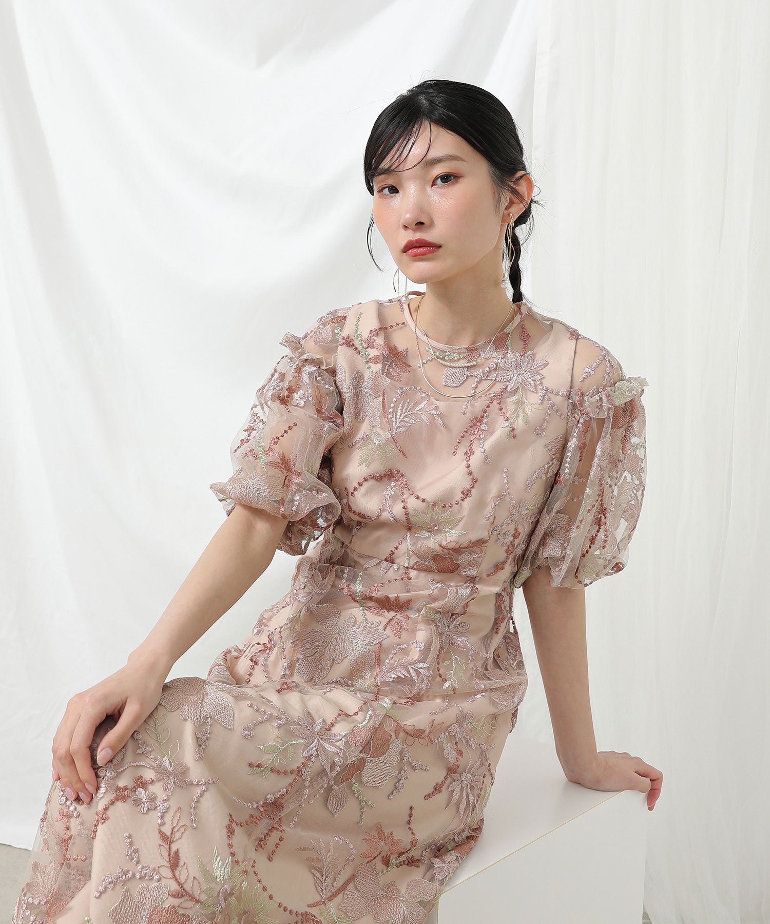 パフスリーブ 刺繍レース ワンピース パーティー ドレス