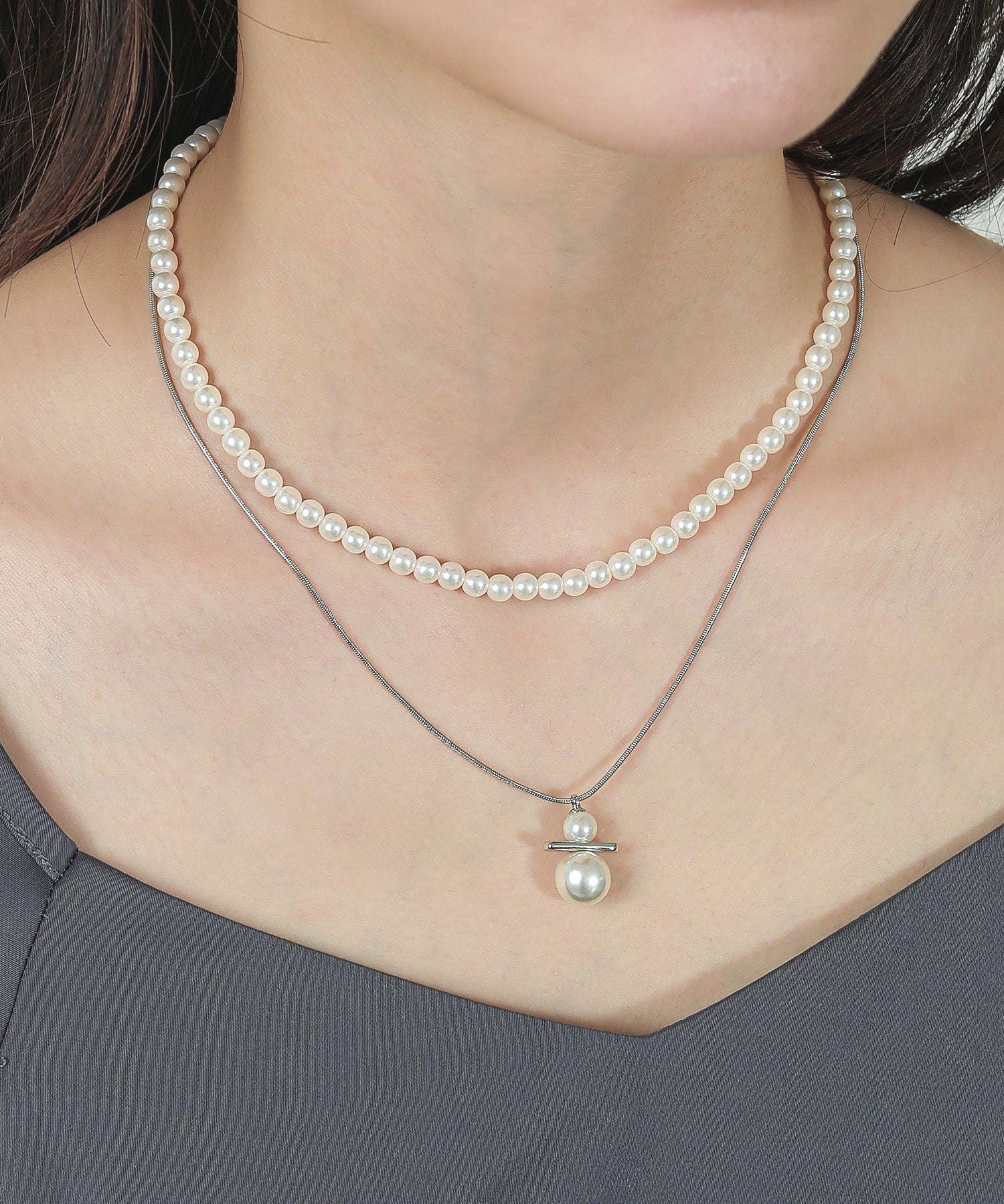 スネークチェーン レイヤード パール ネックレス 2連 結婚式パーティー デイリー