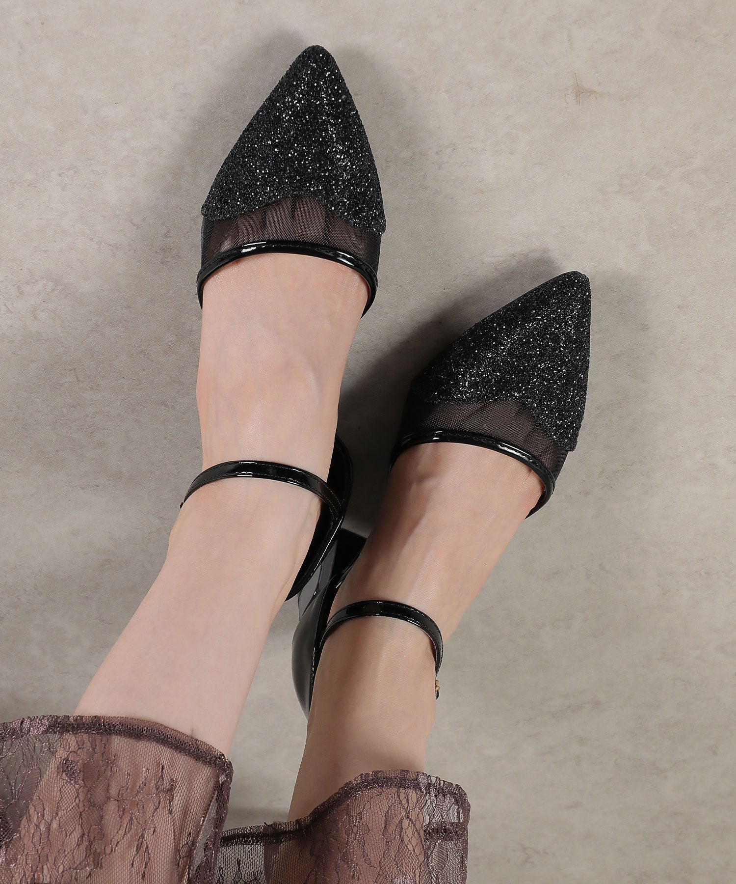 グリッター×メッシュ デザインヒール パンプス