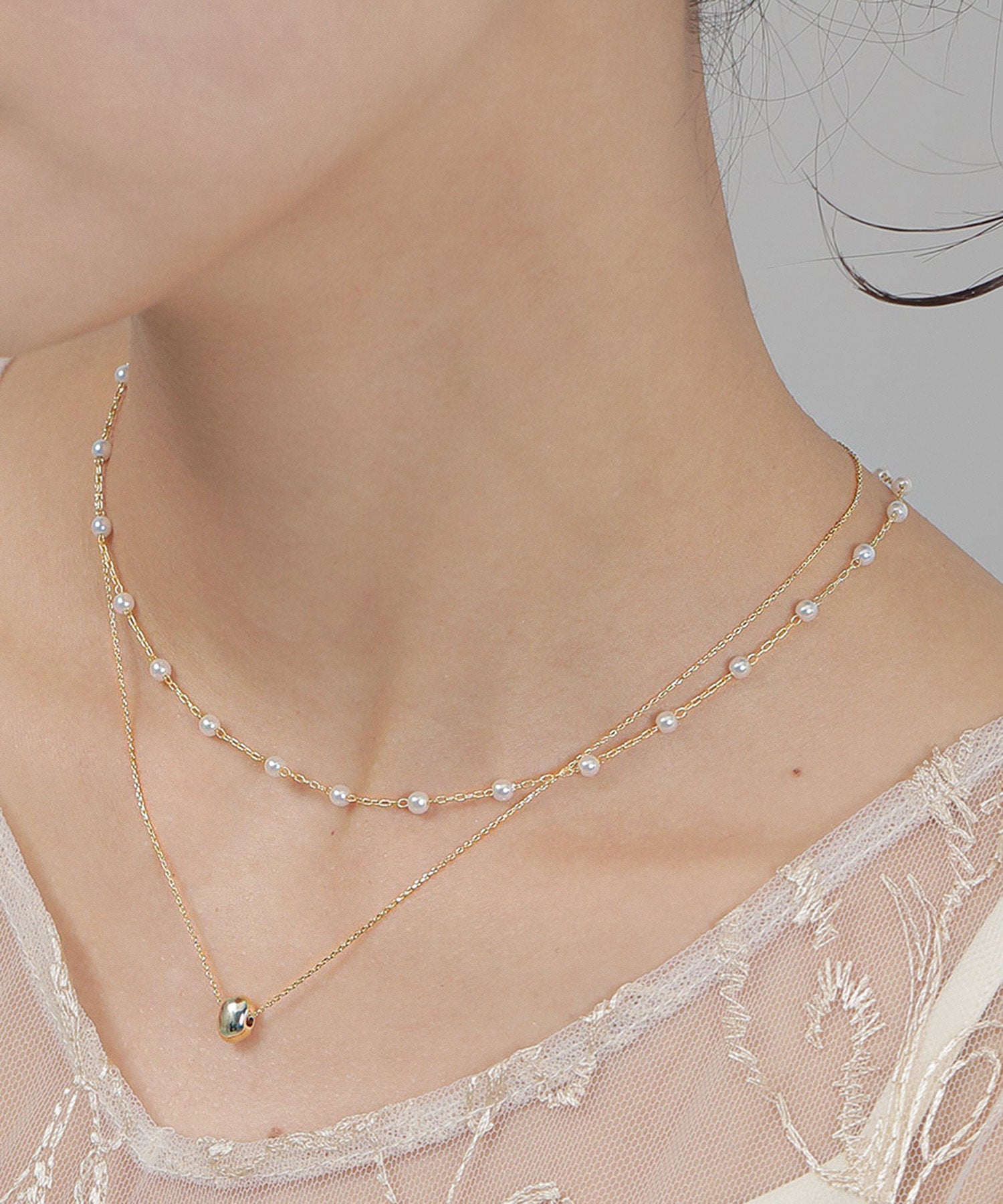 華奢 メタル ニュアンス パール 2連 ネックレス パーティー 結婚式 お呼ばれ オケージョン
