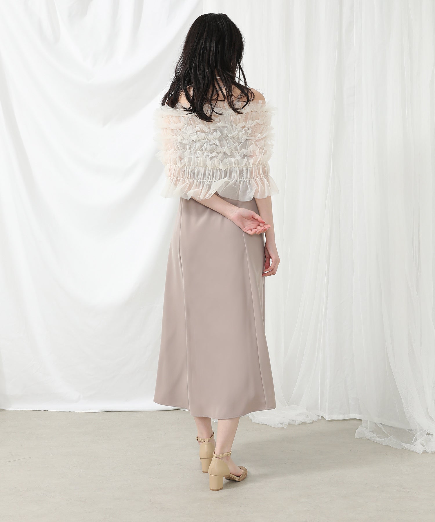 シャーリング チュール フリル シアー バッククロス ドレス
