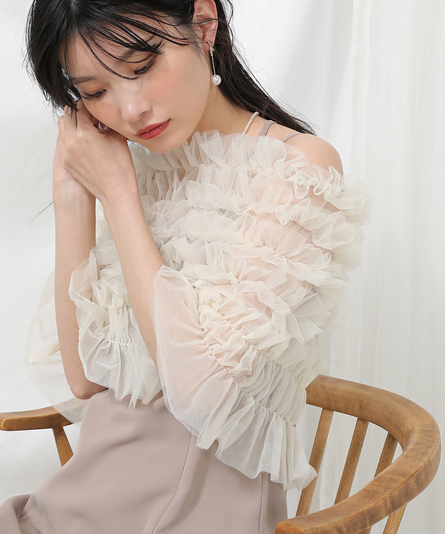 シャーリング チュール フリル シアー バッククロス ドレス