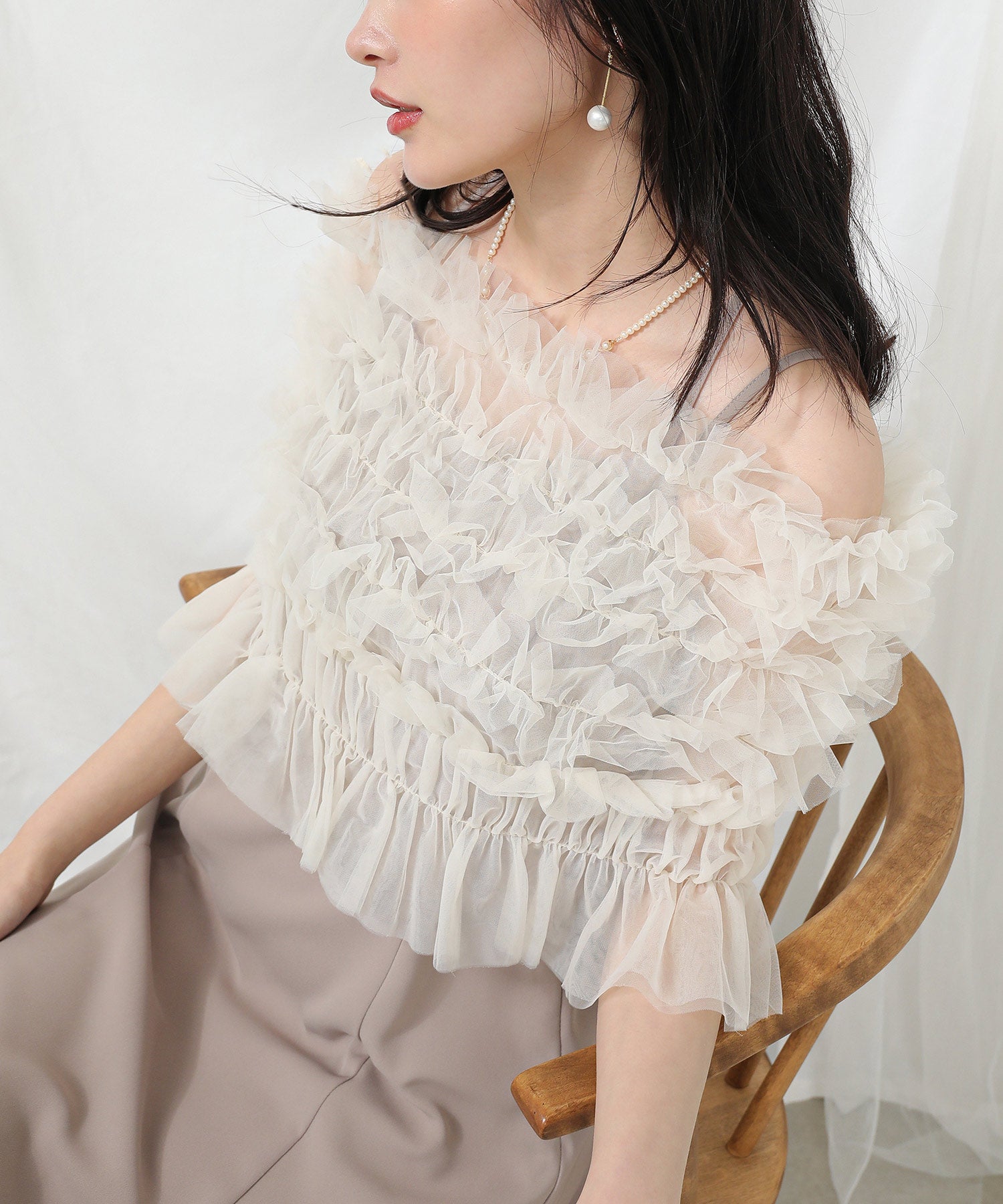 シャーリング チュール フリル シアー バッククロス ドレス