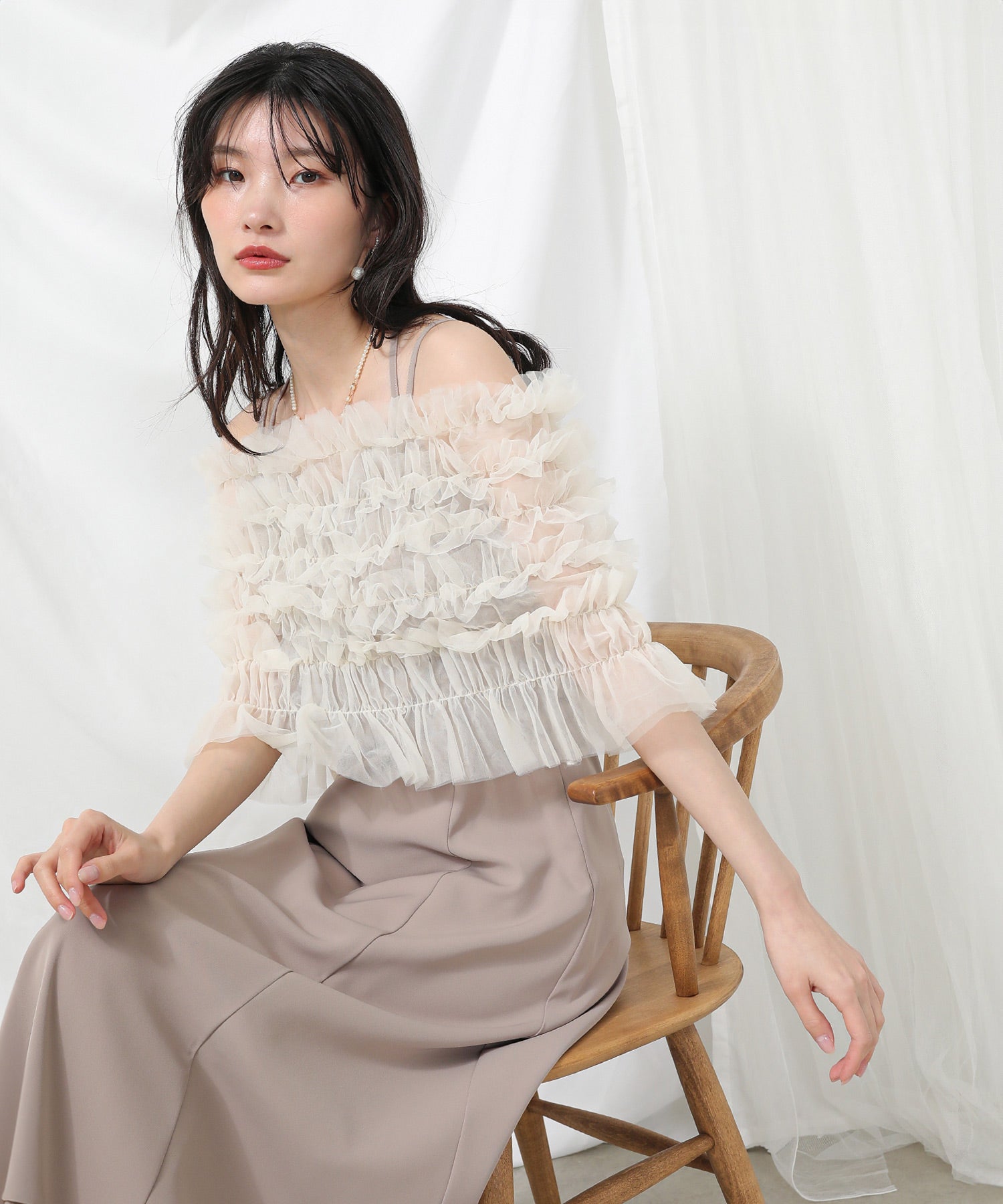 シャーリング チュール フリル シアー バッククロス ドレス