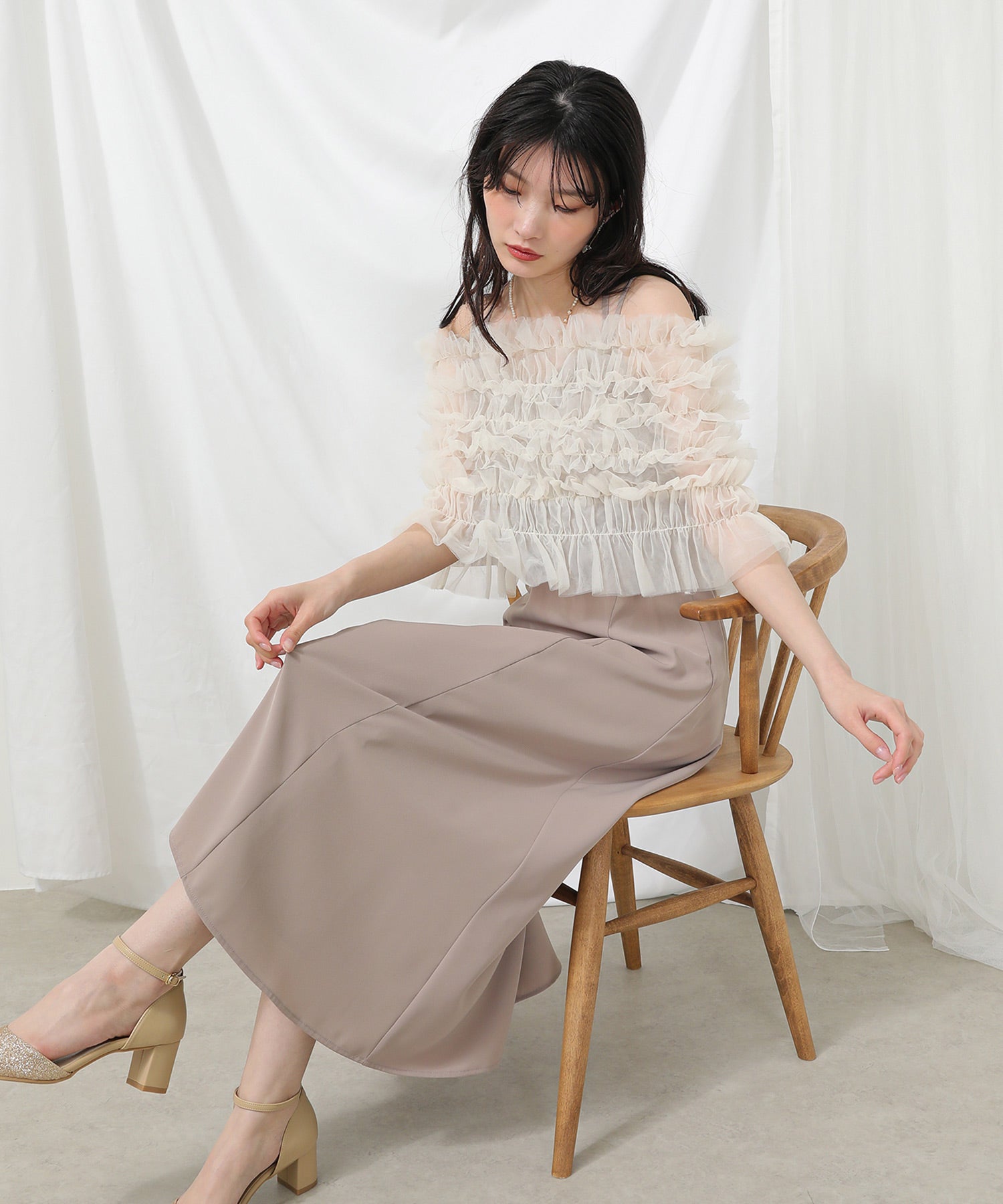 シャーリング チュール フリル シアー バッククロス ドレス