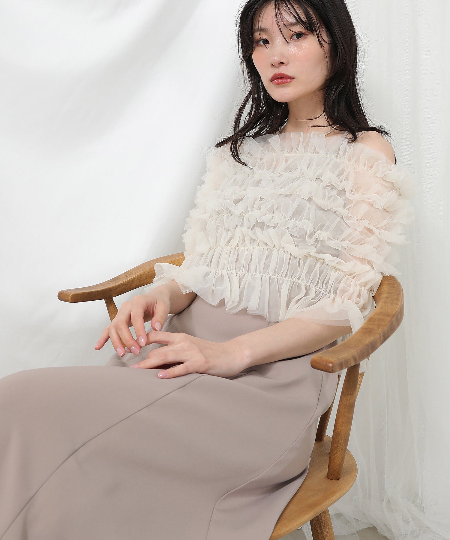 シャーリング チュール フリル シアー バッククロス ドレス