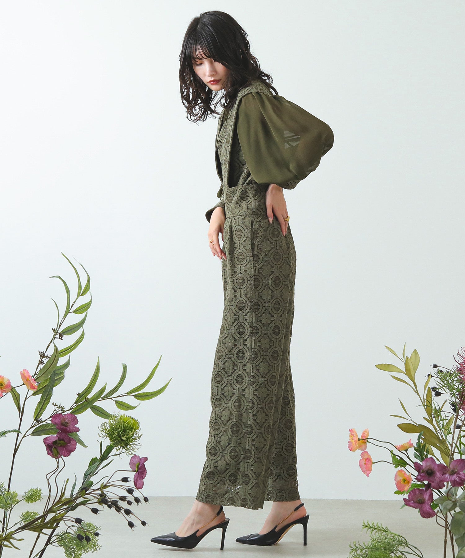 幾何学柄 レース セットアップ パンツ オケージョンドレス