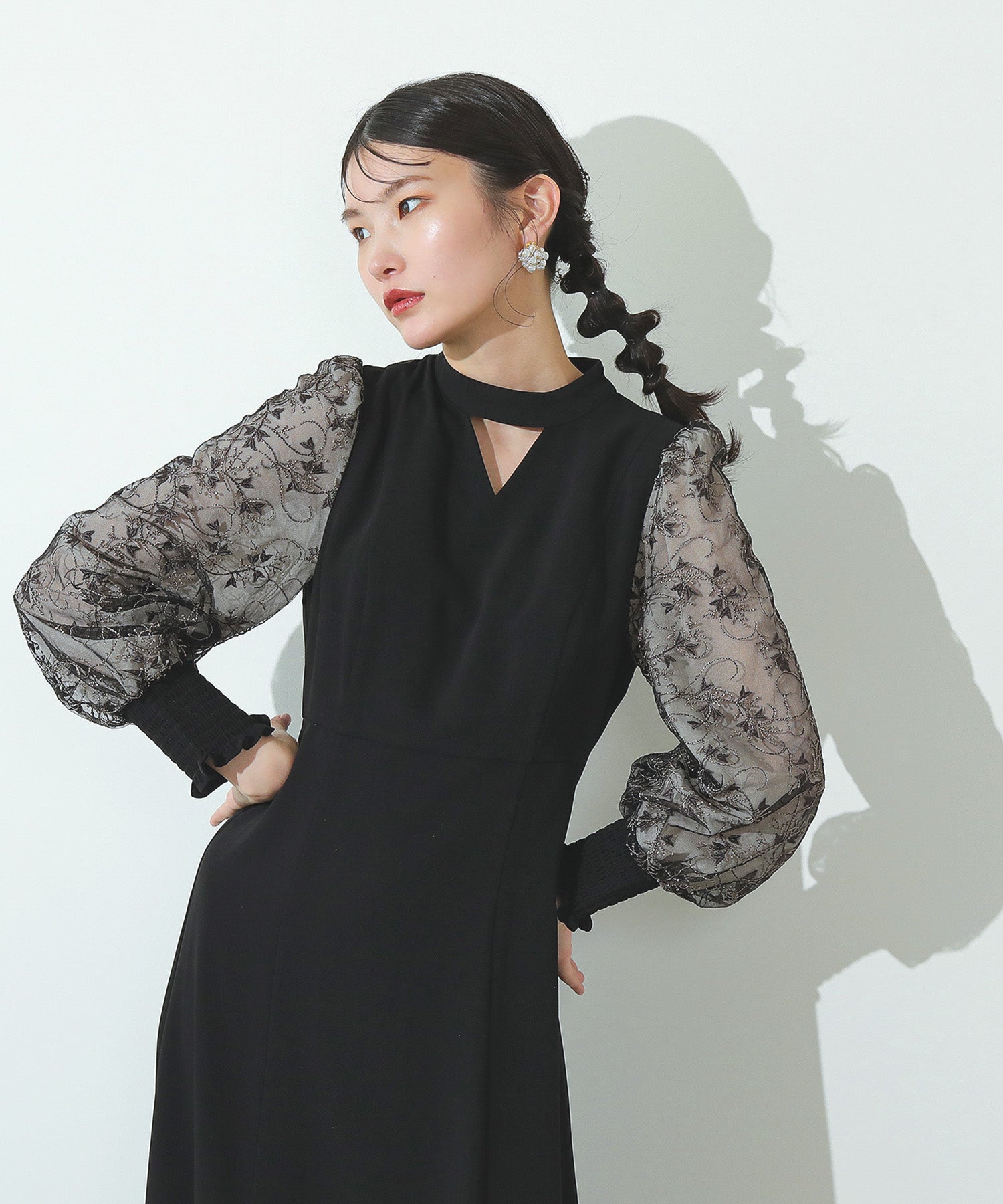 刺繍 シアー トライアングルデザイン ワンピース ドレス