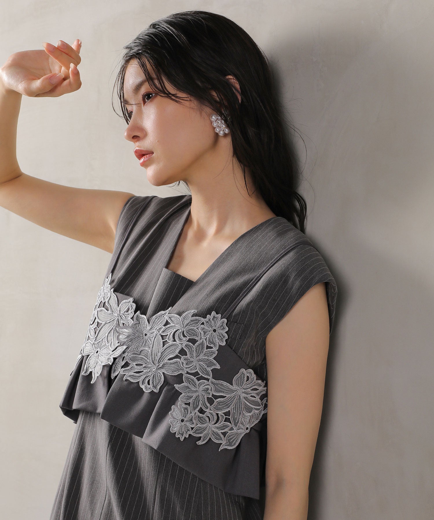 ピンストライプワンピース 花柄 ビスチェ 2点セット