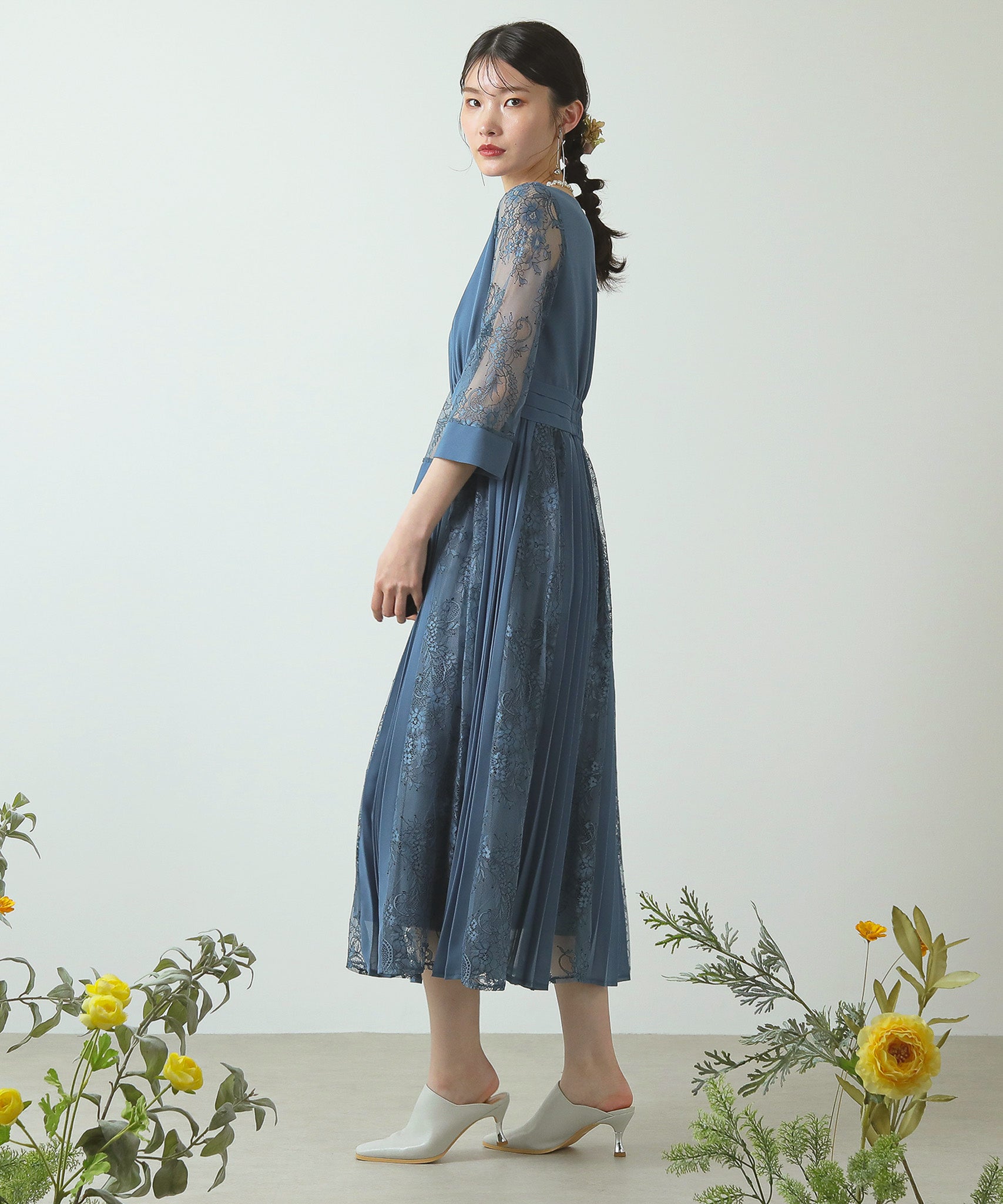 プリーツ×レース ウエストタックロングワンピースドレス